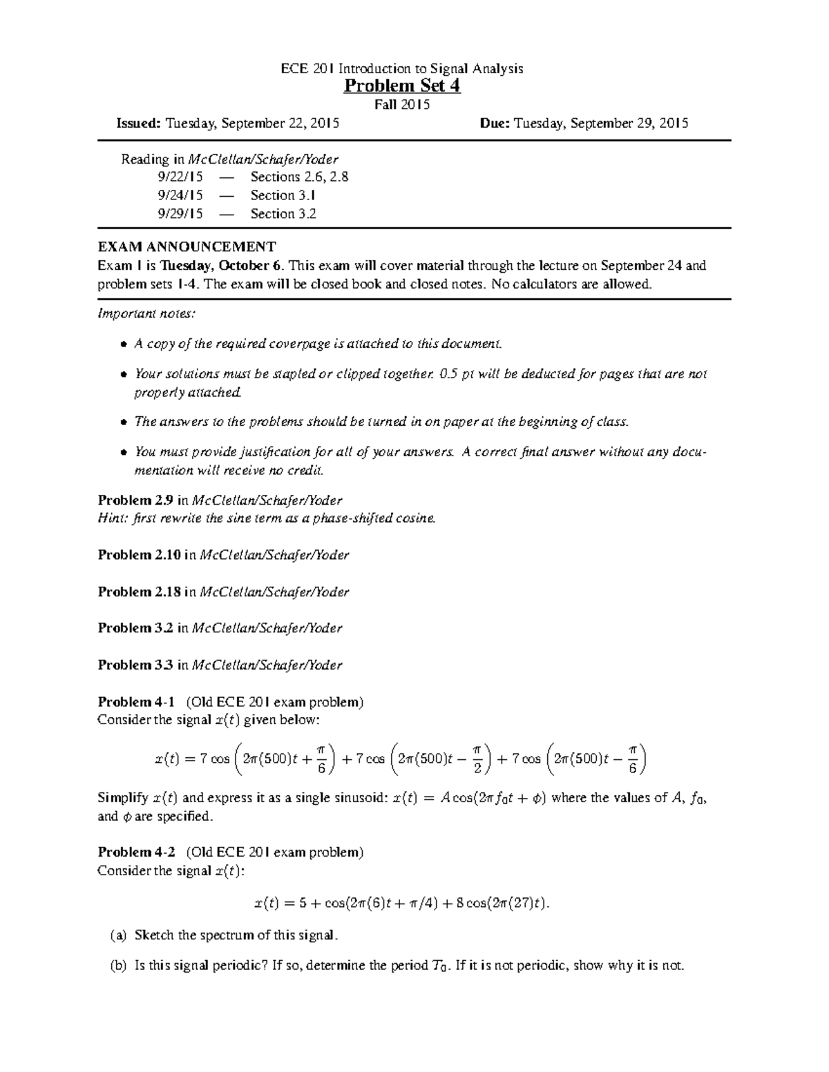Problem Set 04 - 2015 - ECE 201 Introduction to Signal Analysis Problem ...