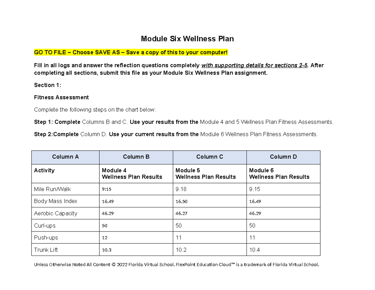 Module six wellness plan - Module Six Wellness Plan GO TO FILE – Choose ...