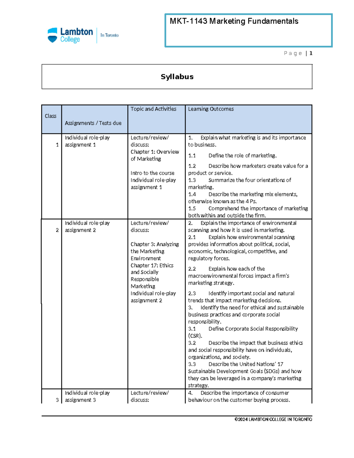 MKT 1143 - Syllabus - P a g e | 1 Syllabus Class Assignments / Tests ...