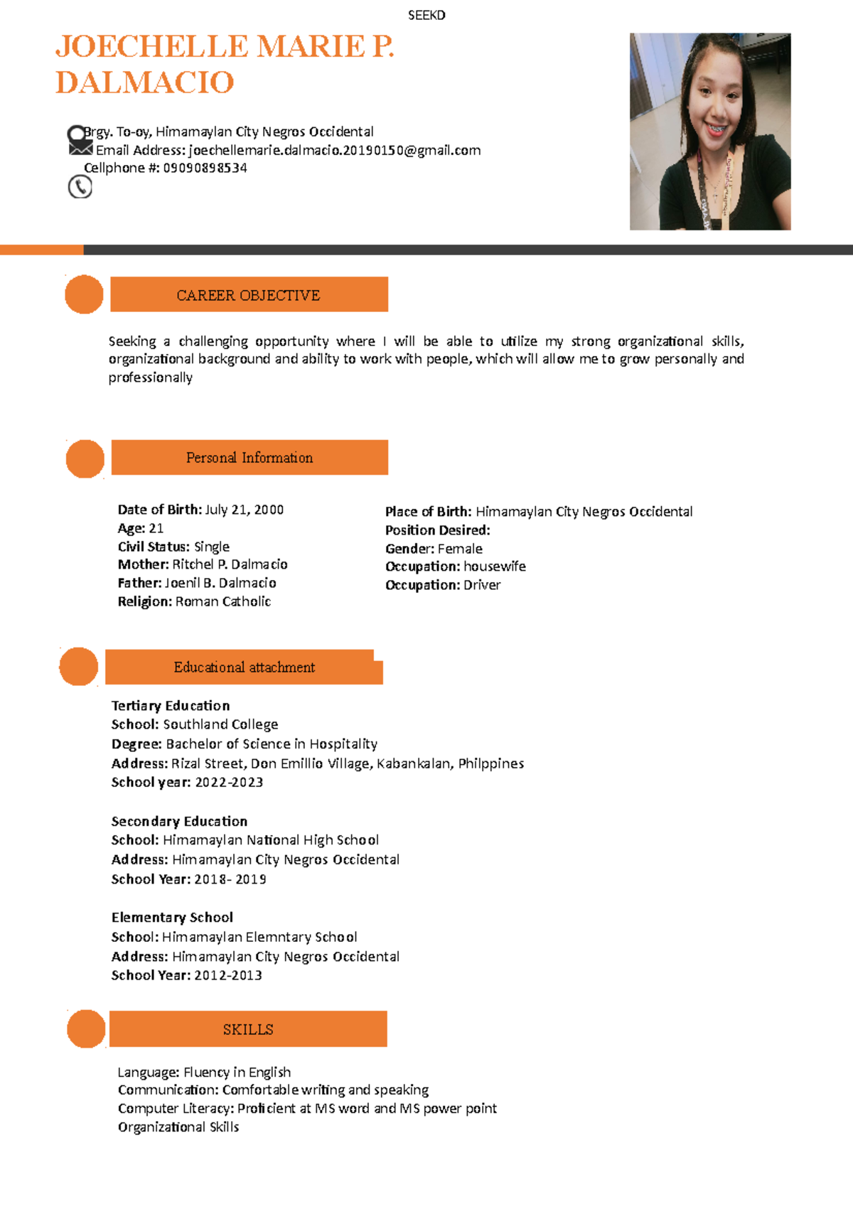 Dalmacio resume - JOECHELLE MARIE P. DALMACIO SKILLS Educational ...