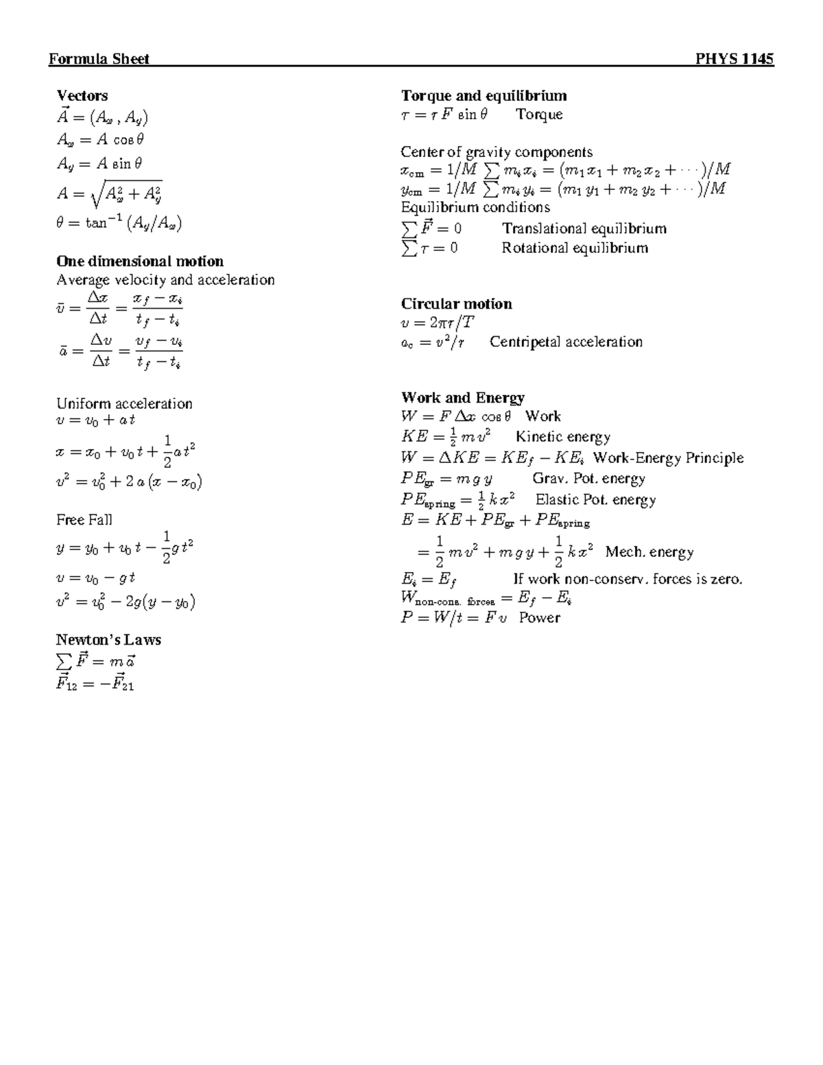 Formula sheet midterm - Formula Sheet_ PHYS 1145 Vectors ~ A= (A x ; A ...