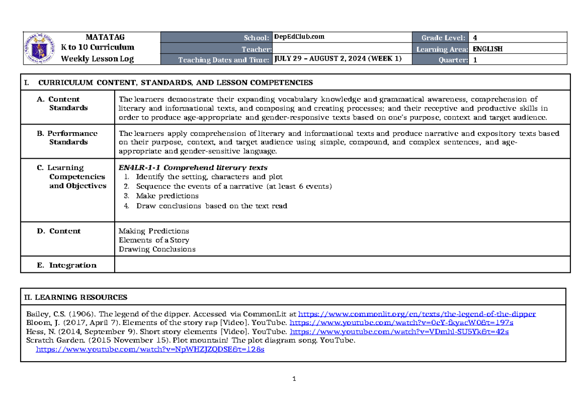 DLL Matatag English 4 Q1 W1 - MATATAG K to 10 Curriculum Weekly Lesson ...