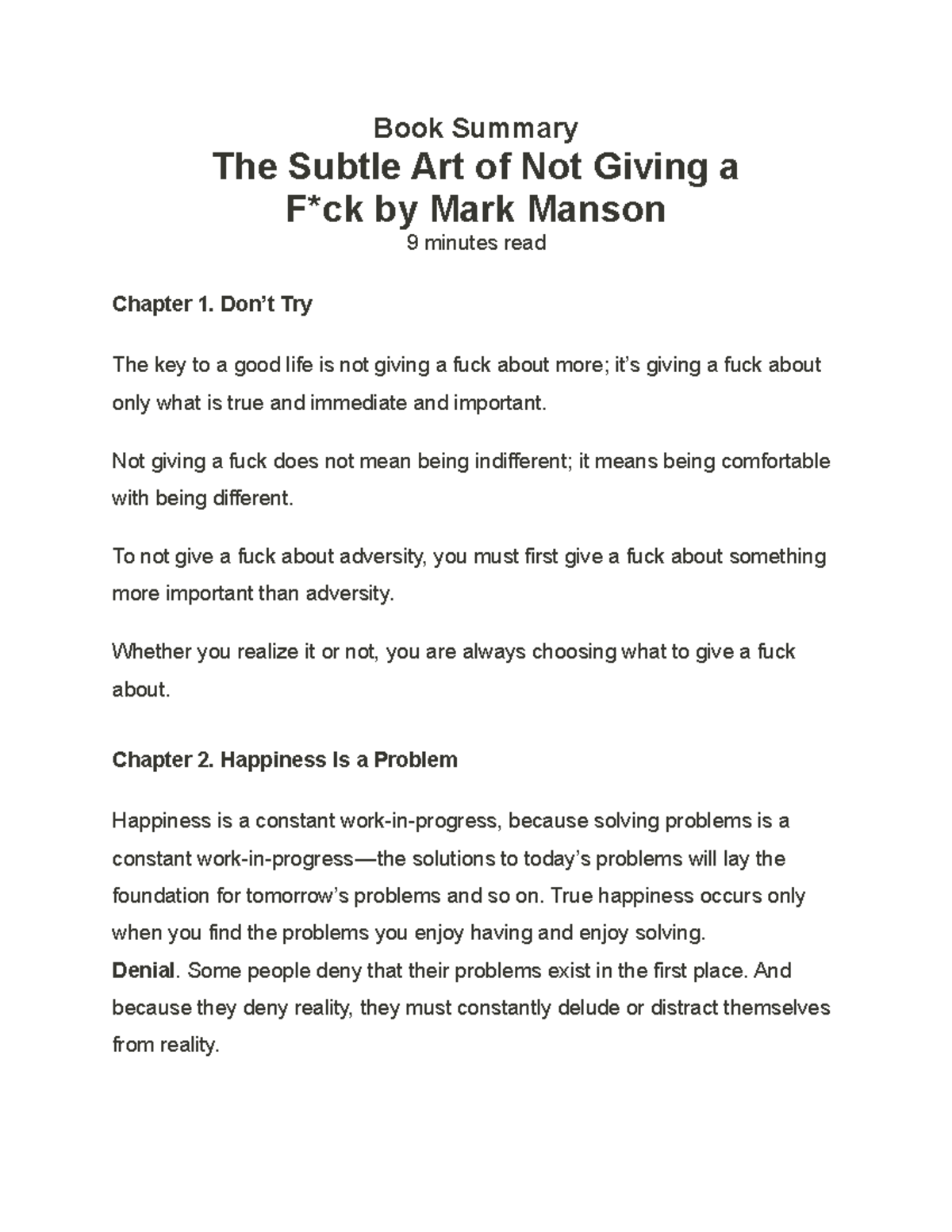 Book Summary Book Summary The Subtle Art Of Not Giving A F Ck By Mark