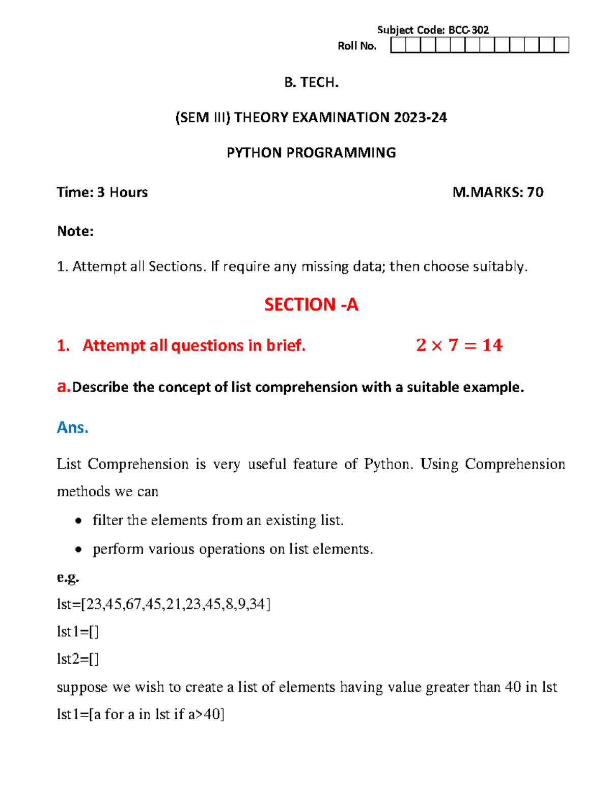 Sol Python PROG - III Sem Question Paper (2023-24) Odd - B. TECH. (SEM ...