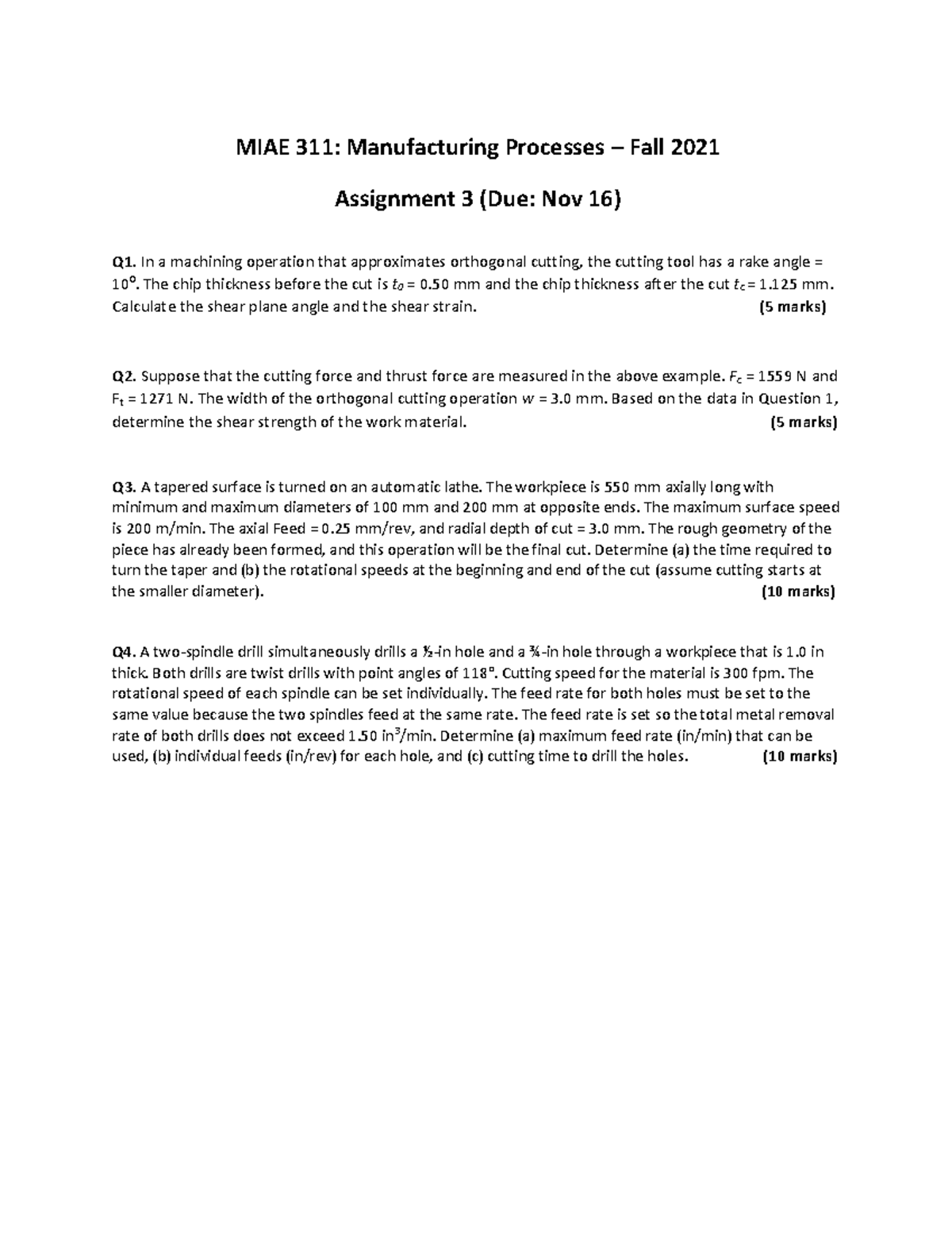 Assn3 2021 - Ass. 3 - MIAE 311: Manufacturing Processes – Fall 20 21 ...