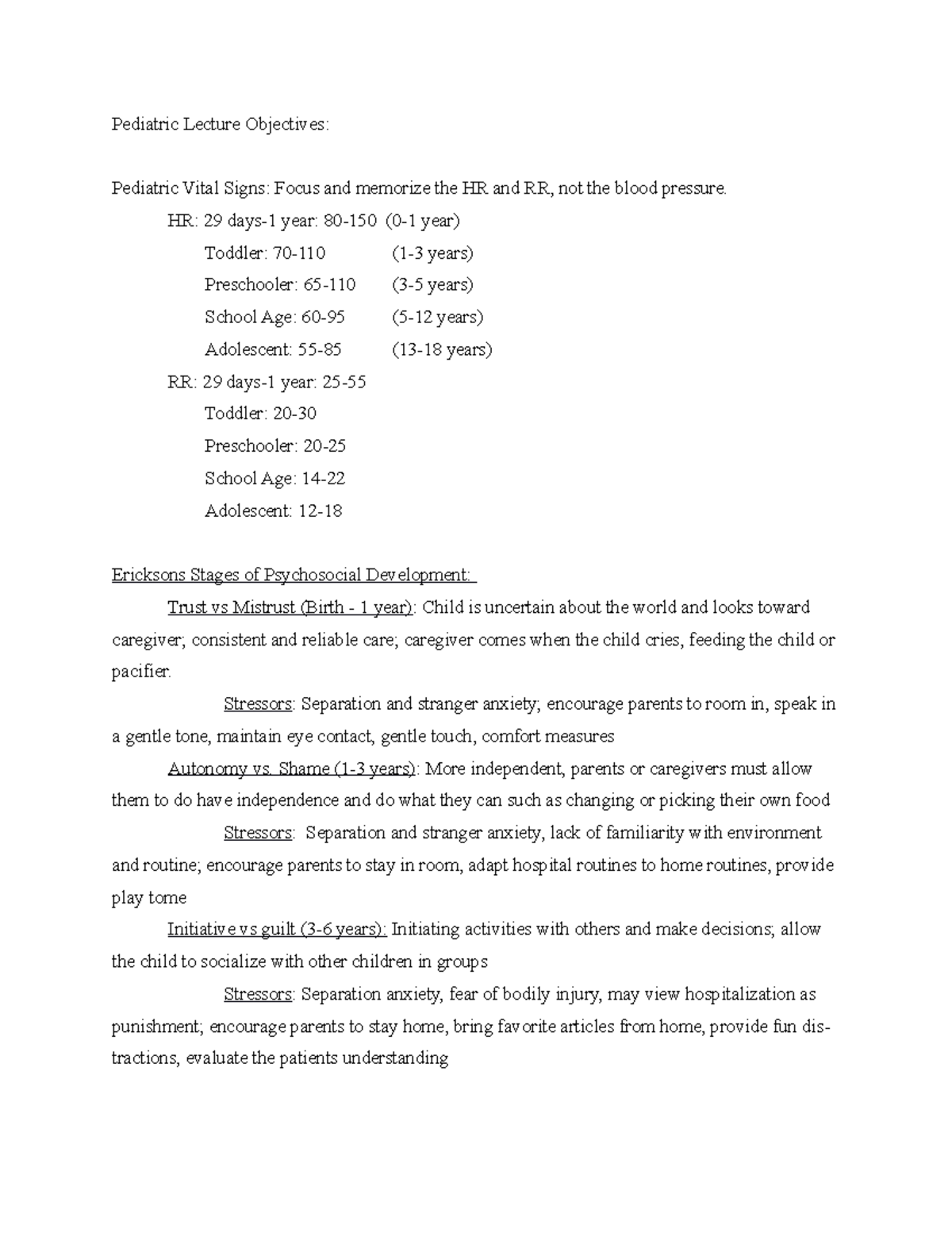 Peds objectives - Pediatric Lecture Objectives: Pediatric Vital Signs ...