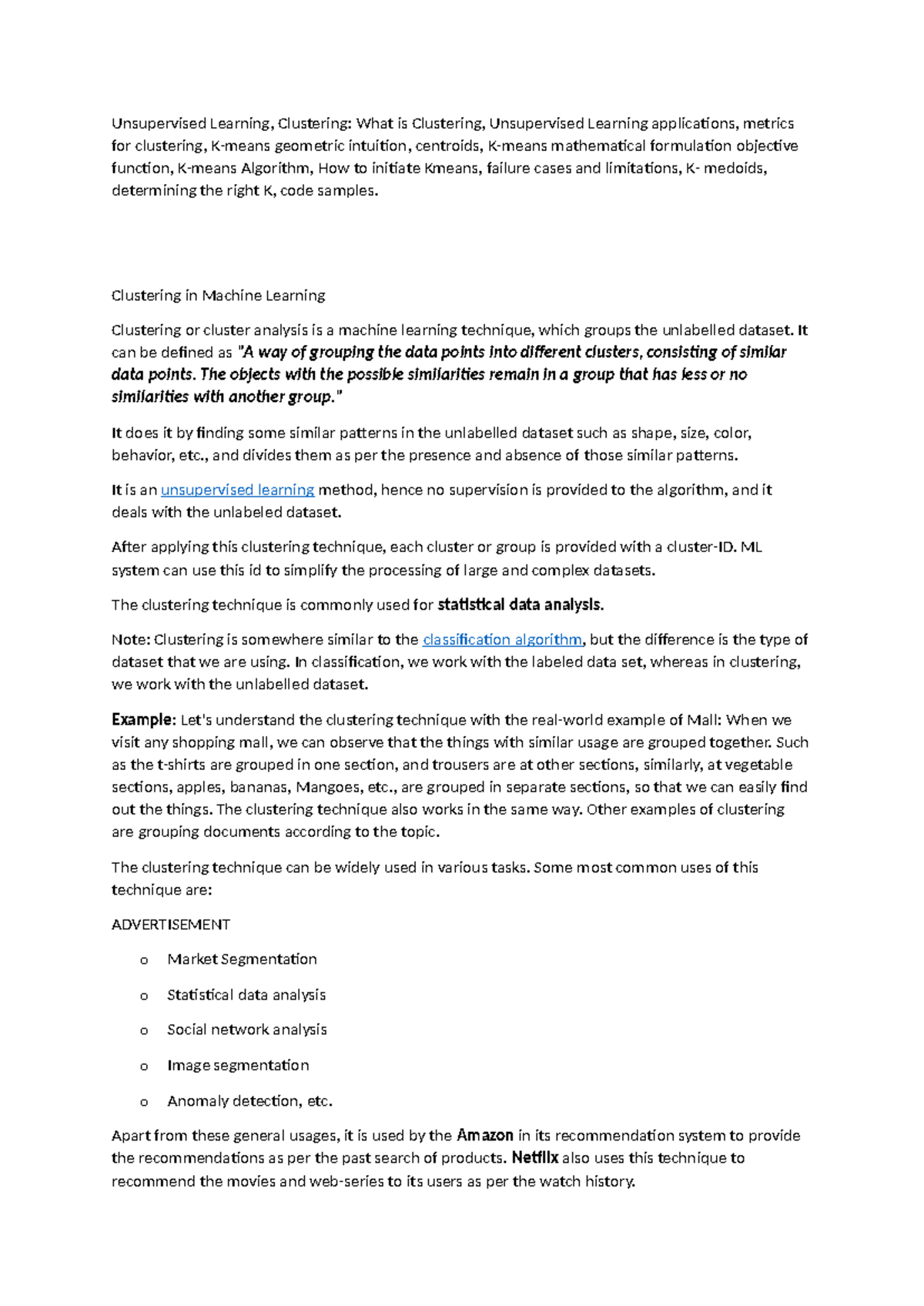 AML Notes - Unsupervised Learning, Clustering: What is Clustering ...