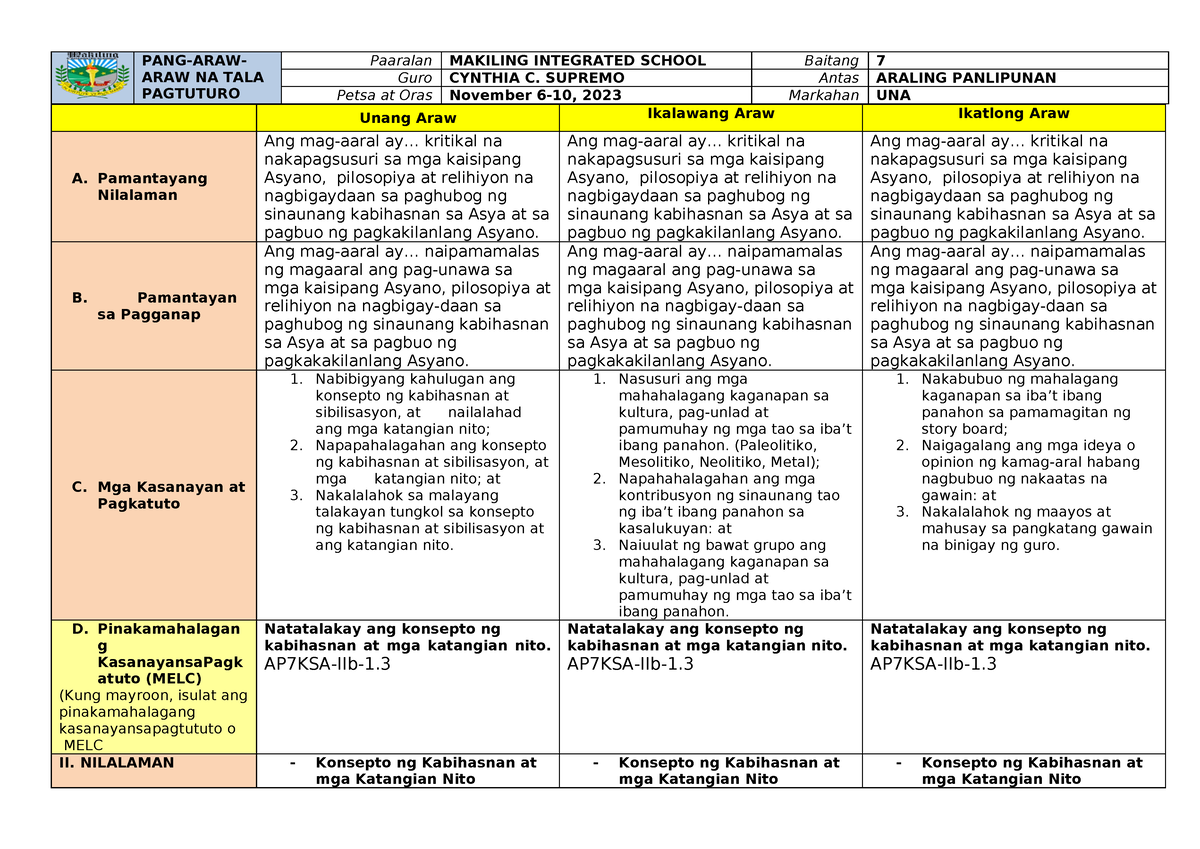 Q2 Week1 Ap7 - Lesson Plan - Pang-araw- Araw Na Tala Pagtuturo Paaralan 