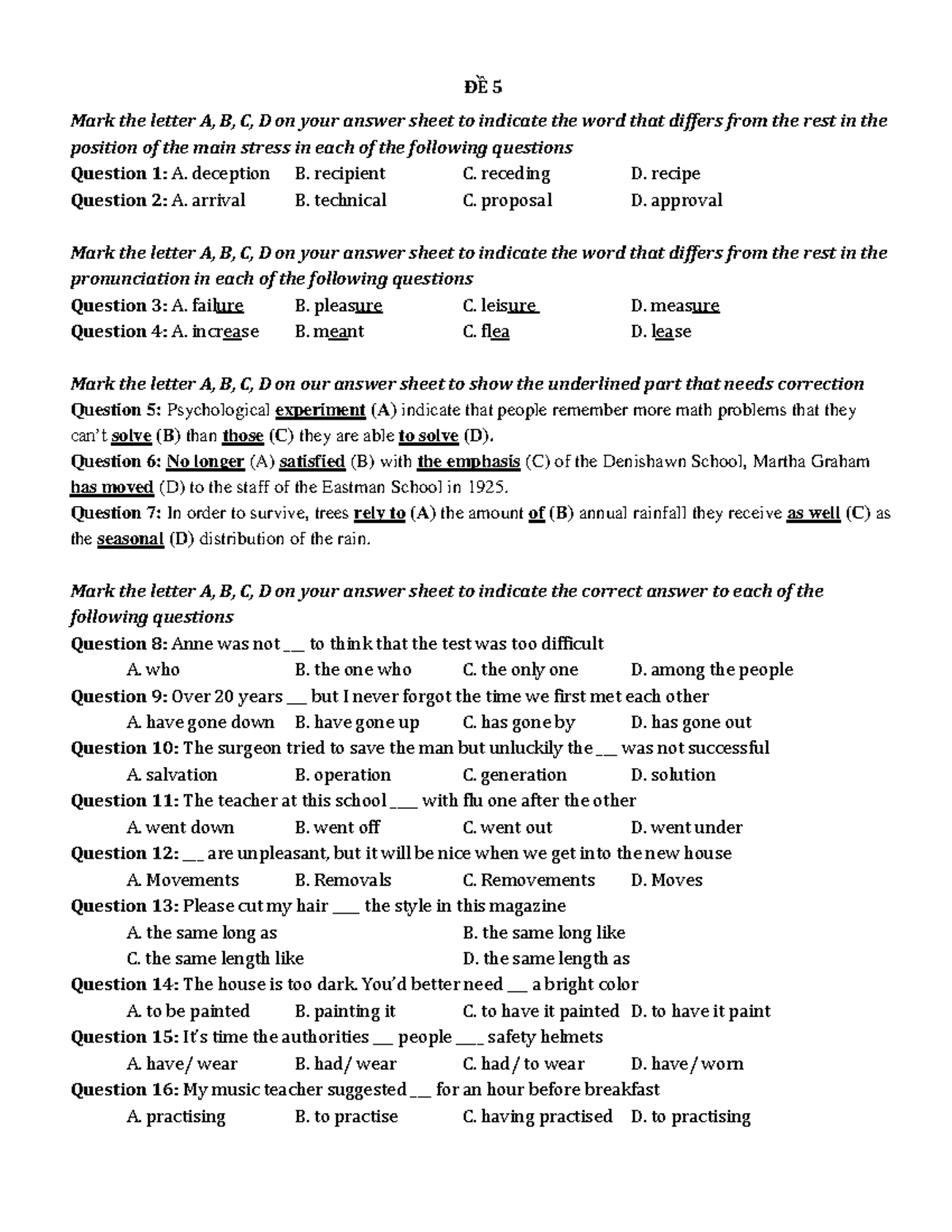 ĐỀ-5 - EXAM 5 - ĐỀ 5 Mark the letter A, B, C, D on your answer sheet to ...