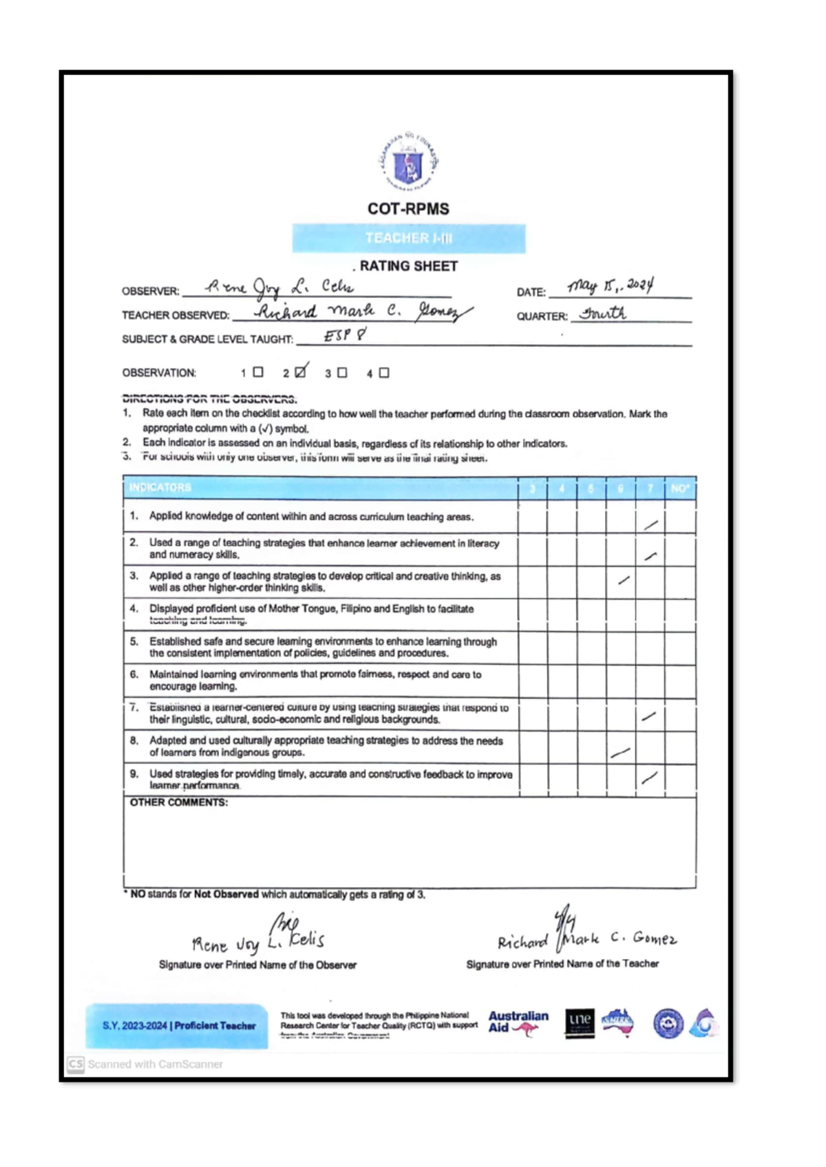 Doc1 - Lesson plan in AP - No ( A TEACHER RATING SHEET OBSERVER: Rine ...