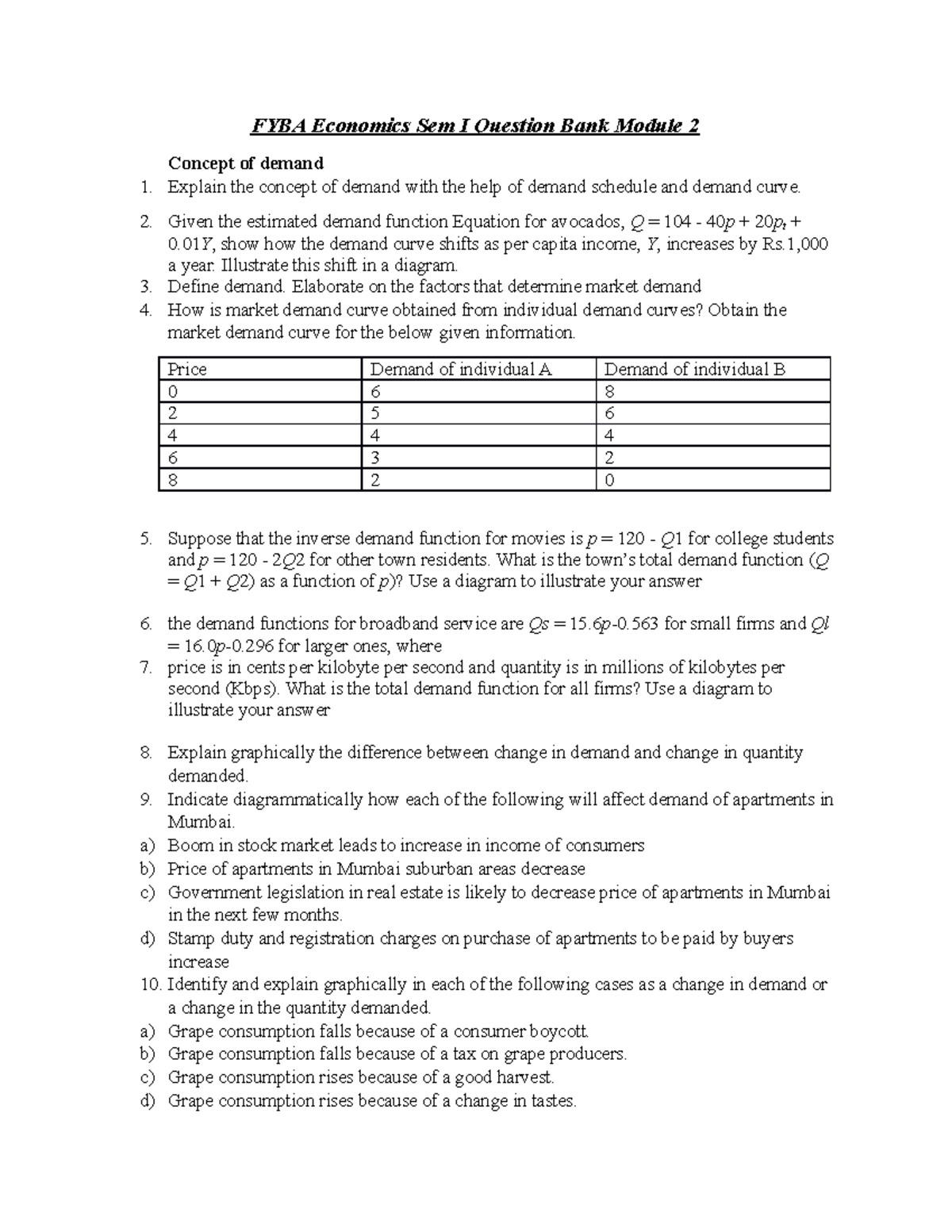 FY M2 QB - FYBA Economics Sem I Question Bank Module 2 Concept Of ...