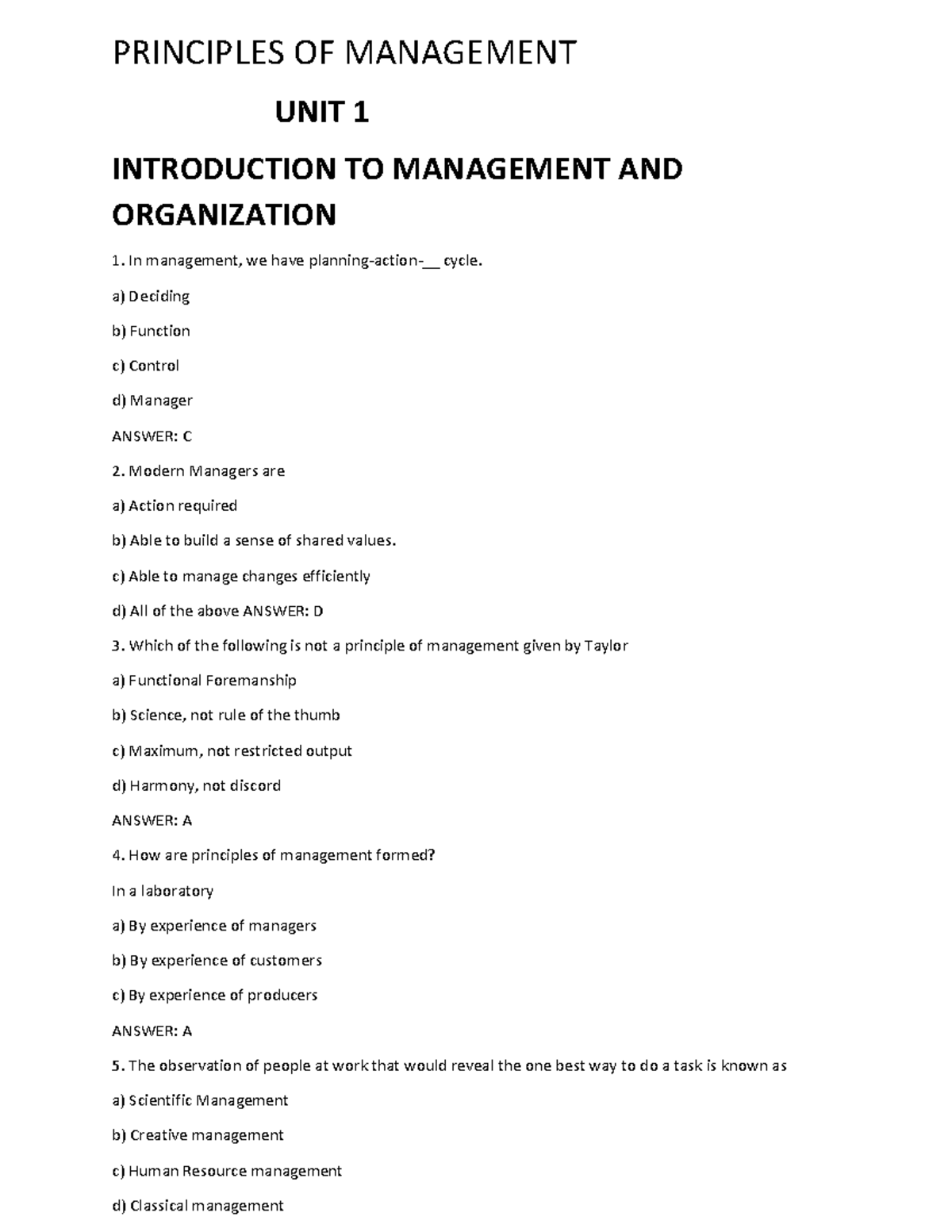 POM MCQ Mcq question PRINCIPLES OF MANAGEMENT UNIT 1 INTRODUCTION