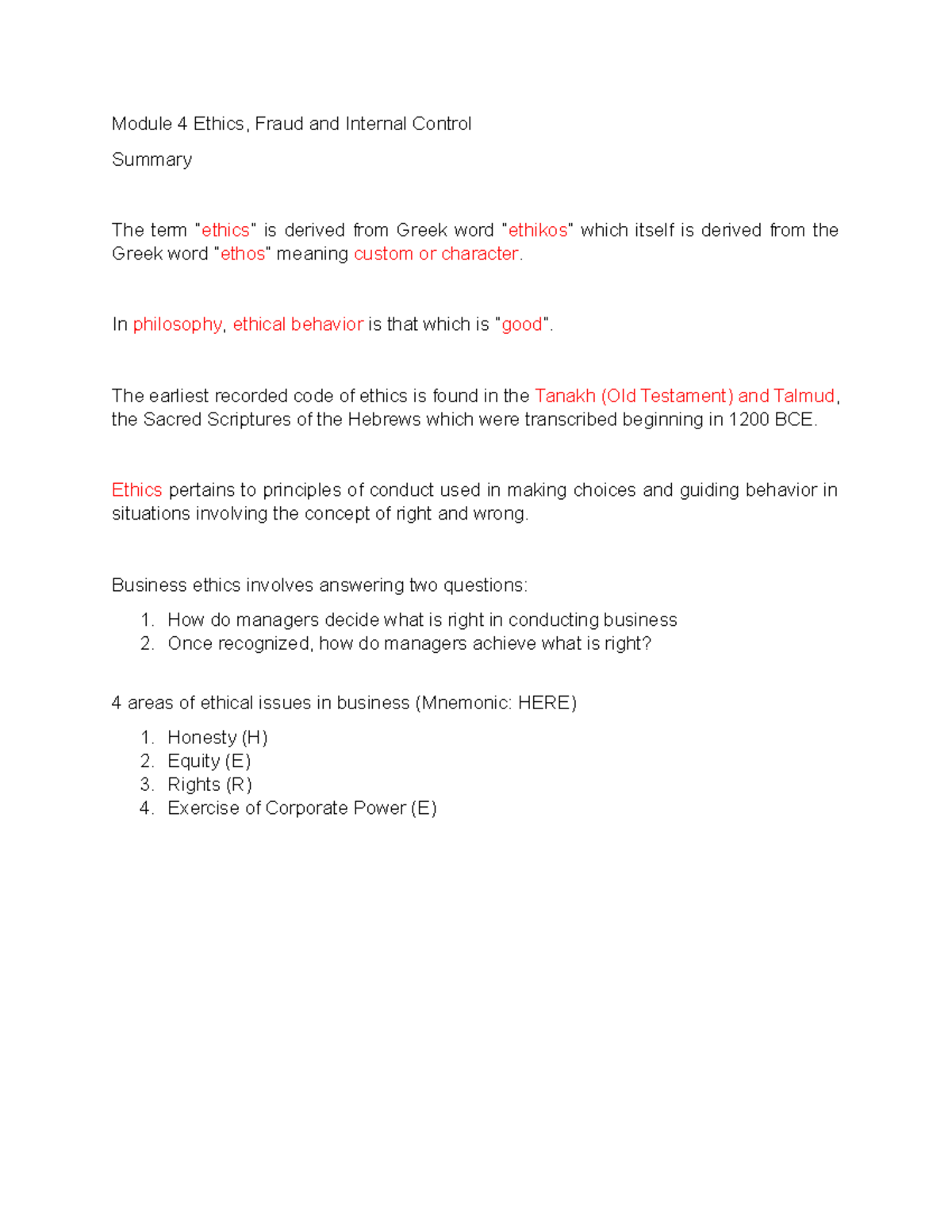 ( Incomplete) Module 4 Ethics, Fraud and Internal Control Summary ...