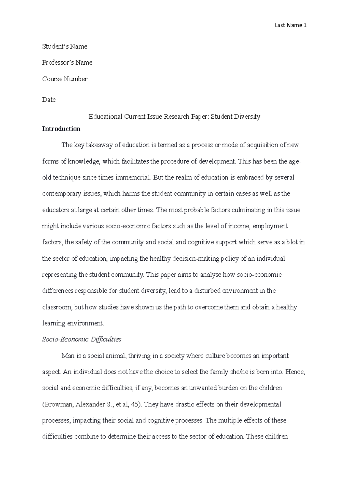 Educational Current Issue Research Paper Student Diversity - Student’s ...