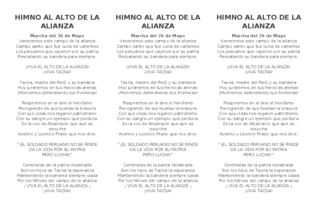 Himno AL ALTO DE LA Alianza - HIMNO AL ALTO DE LA ALIANZA Marcha del 26 ...