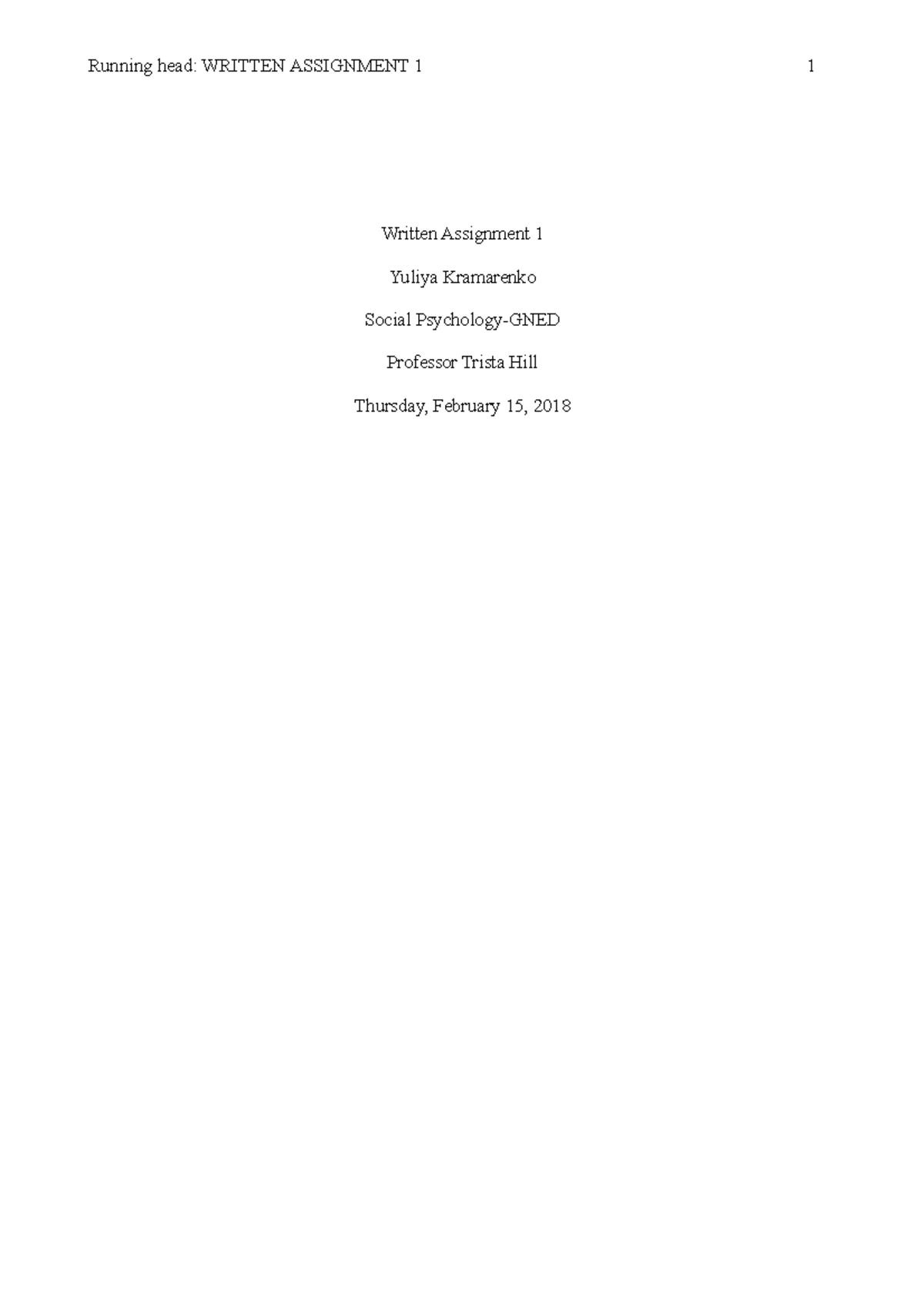 Assignment psychology word - Running head: WRITTEN ASSIGNMENT 1 1 ...