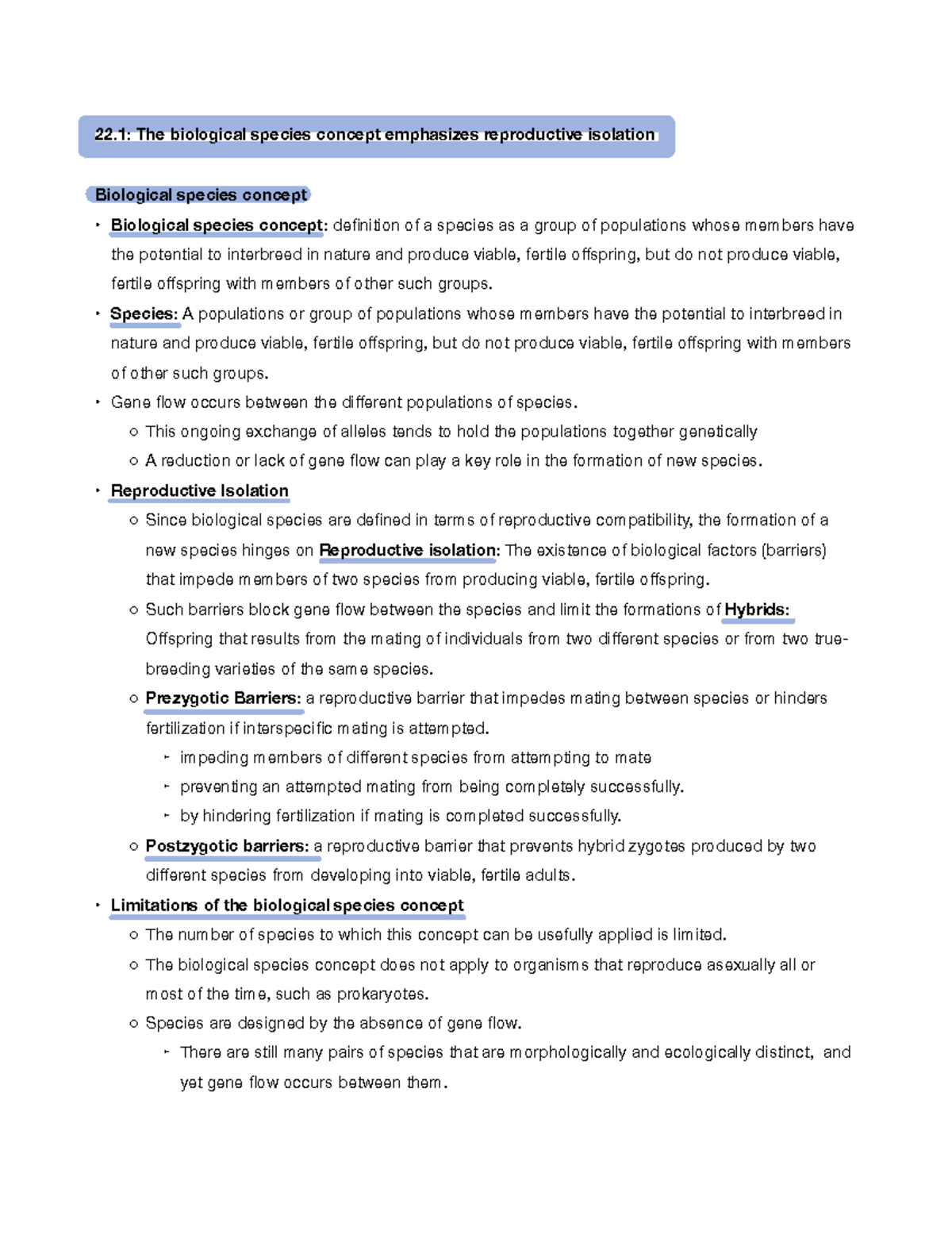 Species Concepts Ch. 22 - 22: The biological species concept emphasizes ...