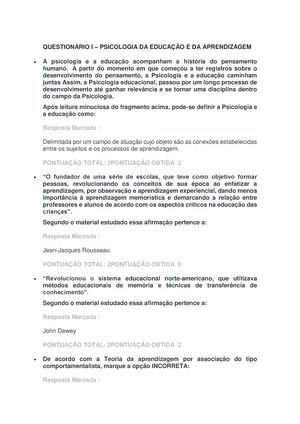 Questionário I – Psicopedagogia - QUESTIONÁRIO I – PSICOPEDAGOGIA ...