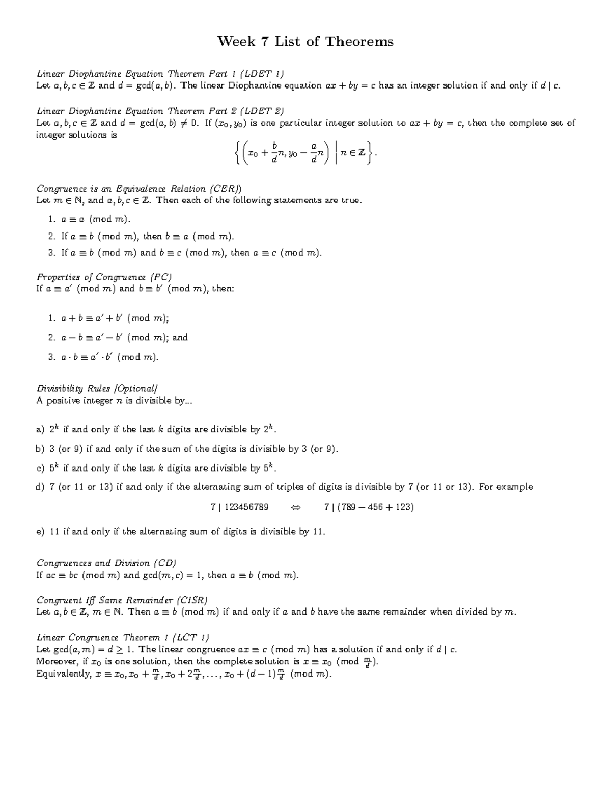 Week7Theorem Sheet - Theorem Formulas - Week 7 List Of Theorems Linear ...