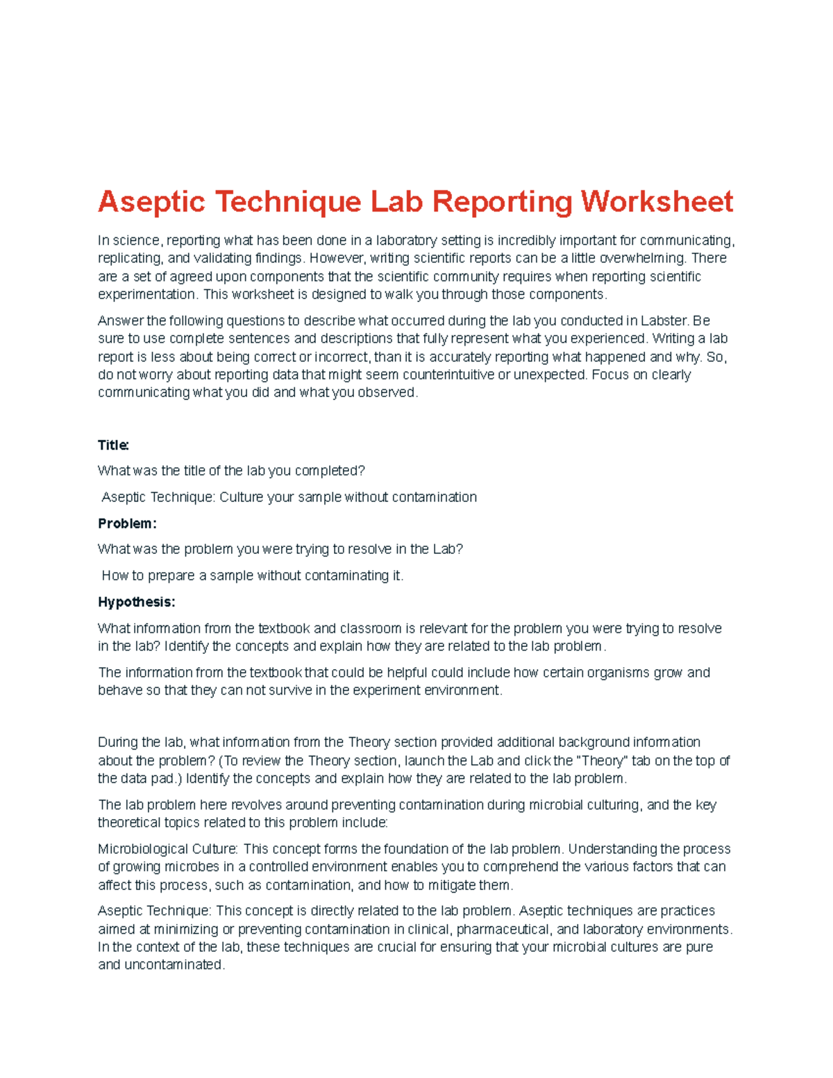 Aseptic Technique Lab Reporting Worksheet - However, Writing Scientific ...