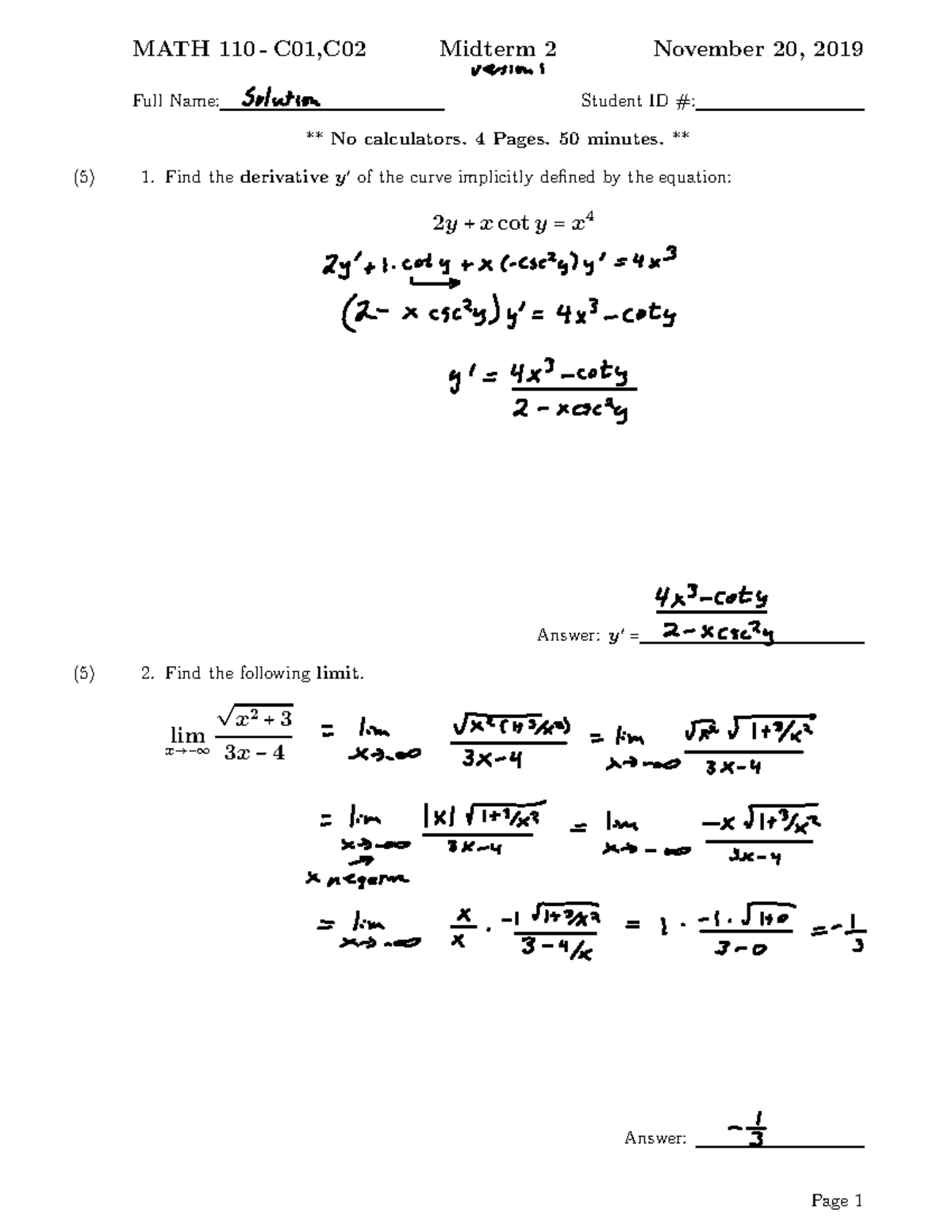 Midterm 2 2019 F V1 Solution - MATH 110 - C01,C02 Midterm 2 November 20 ...