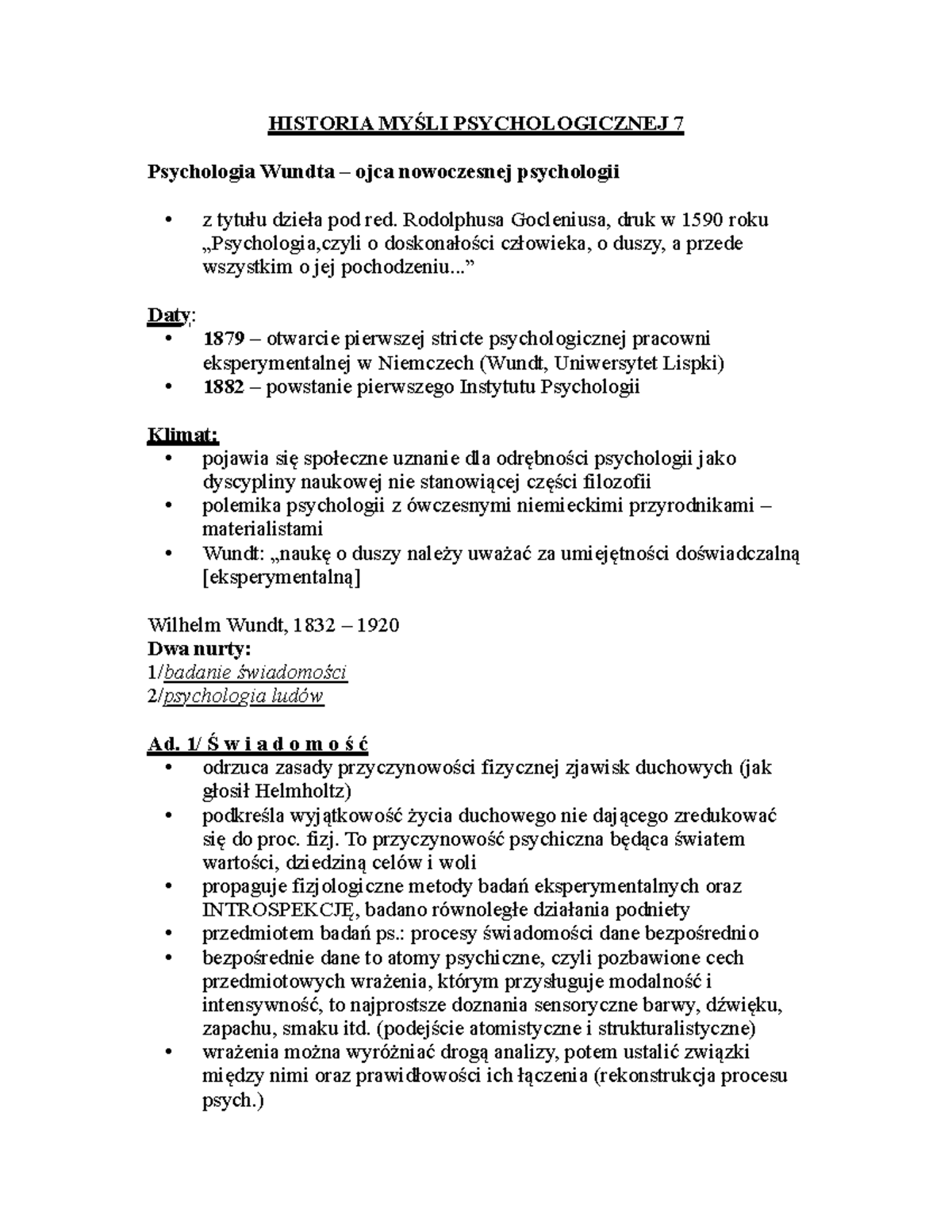 Historia myśli psychologicznej 7 - HISTORIA PSYCHOLOGICZNEJ 7