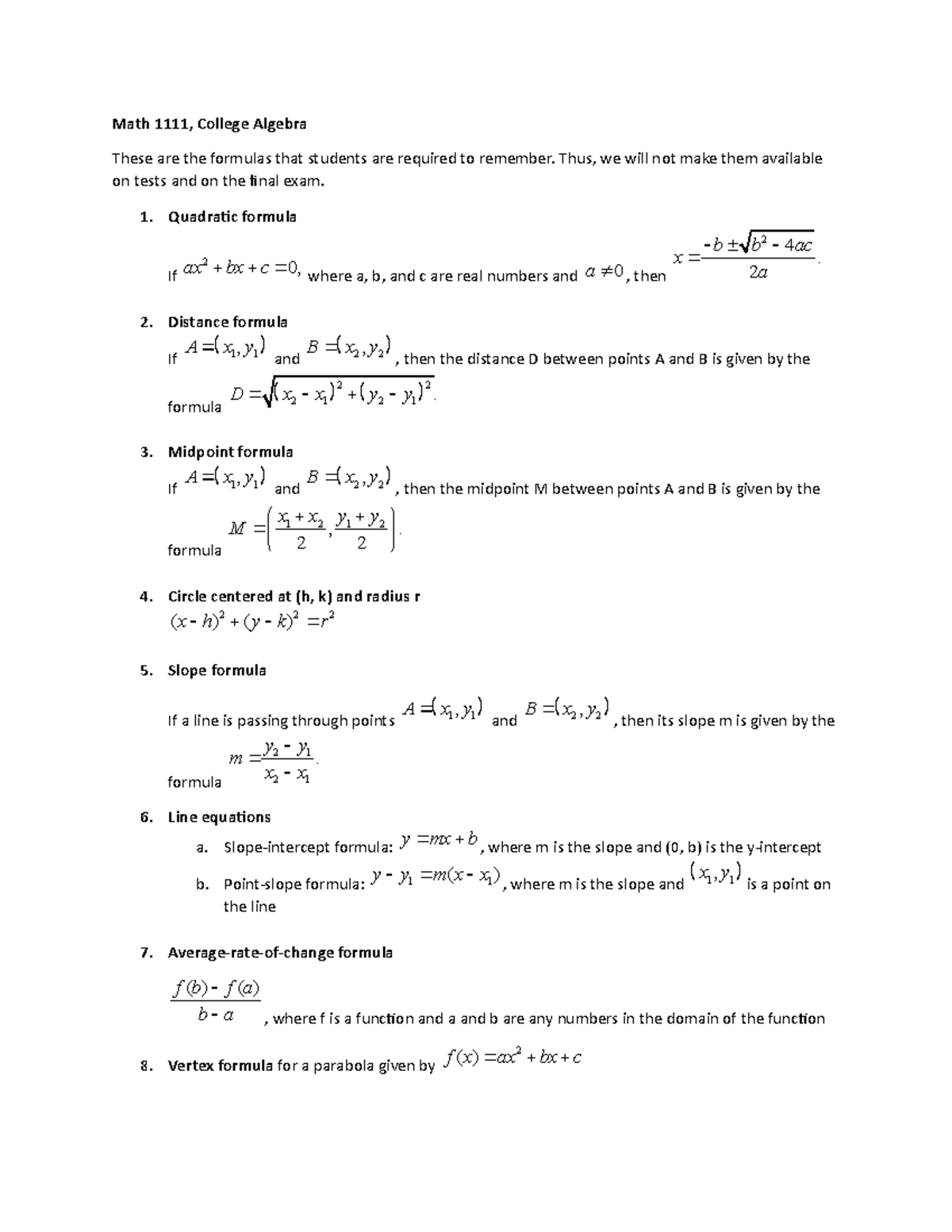 College Algebra Formulas