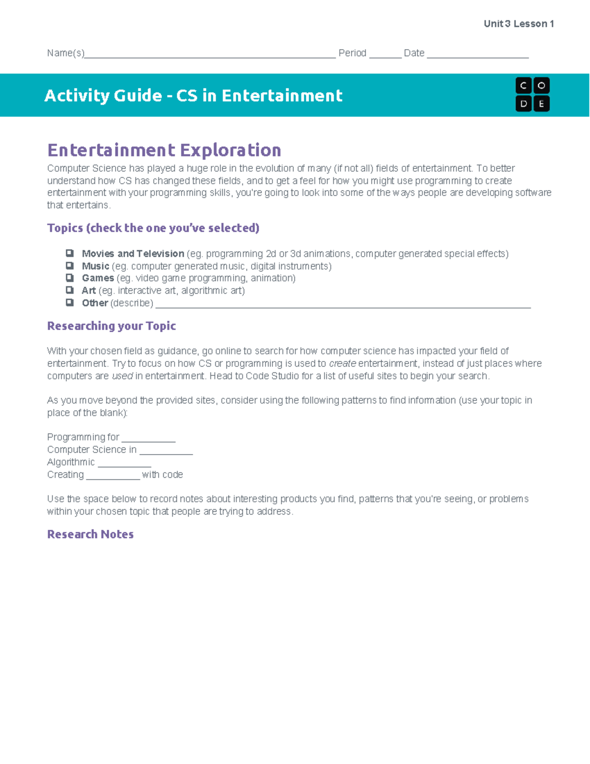 U3l01 activity guide cs in entertainment 2 Unit 3 Lesson 1 Studocu