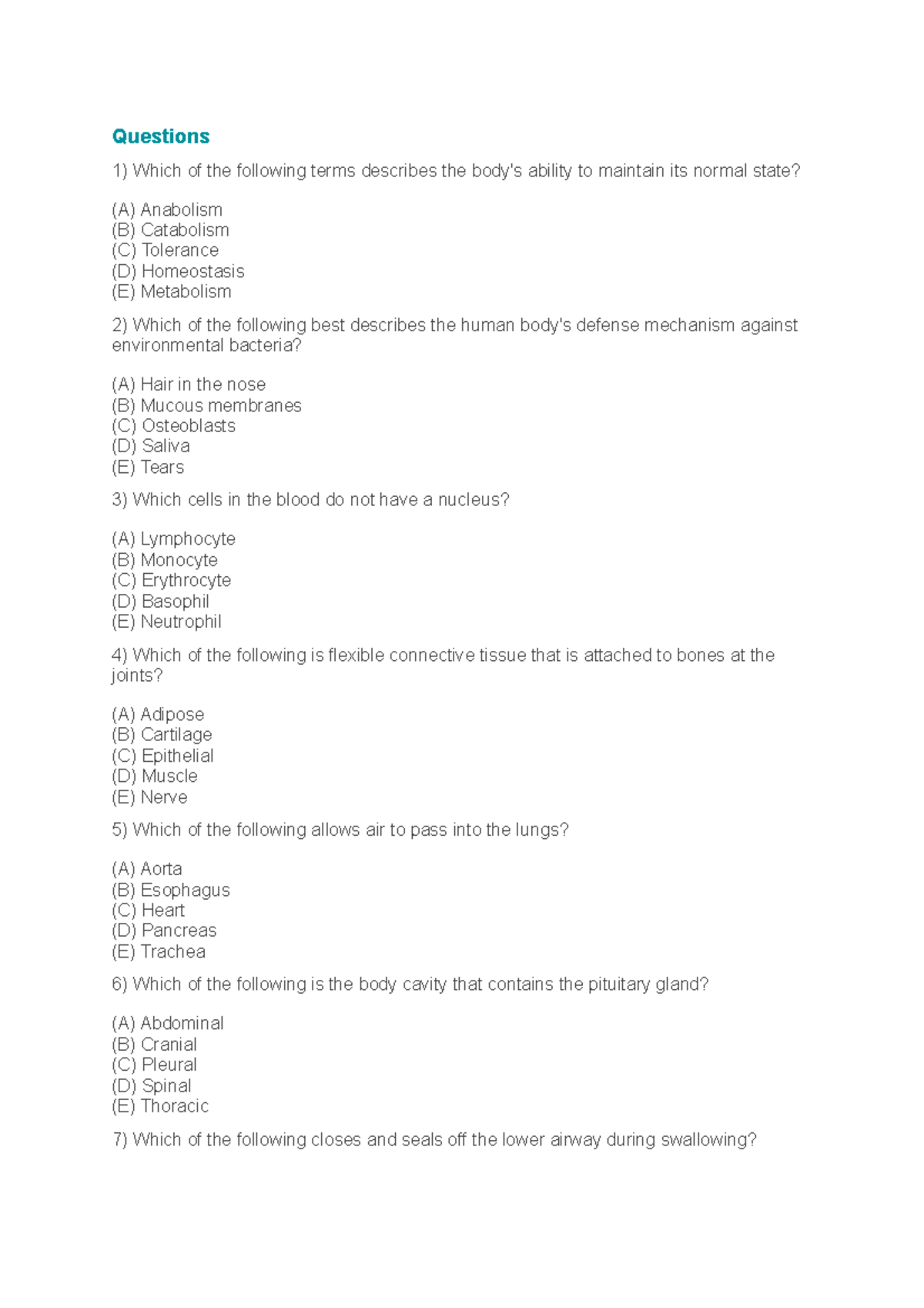Anatomy and Physiology quiz 50 questions - Questions Which of the ...
