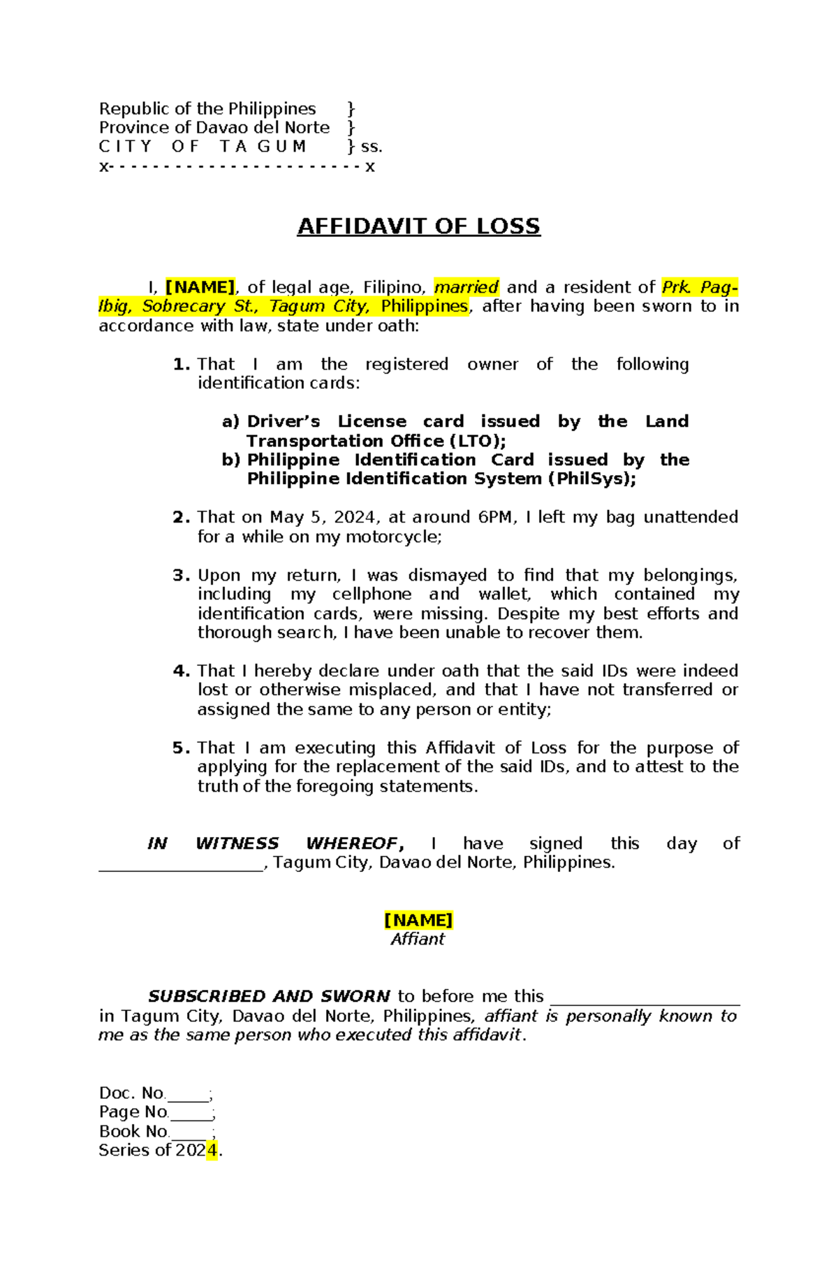 Affidavit OF LOSS - Republic of the Philippines } Province of Davao del ...