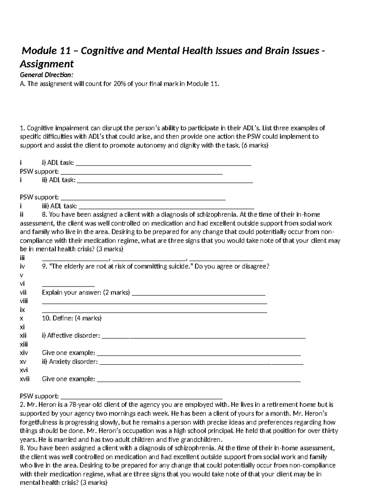 Module 11 questions - Module 11 – Cognitive and Mental Health Issues ...