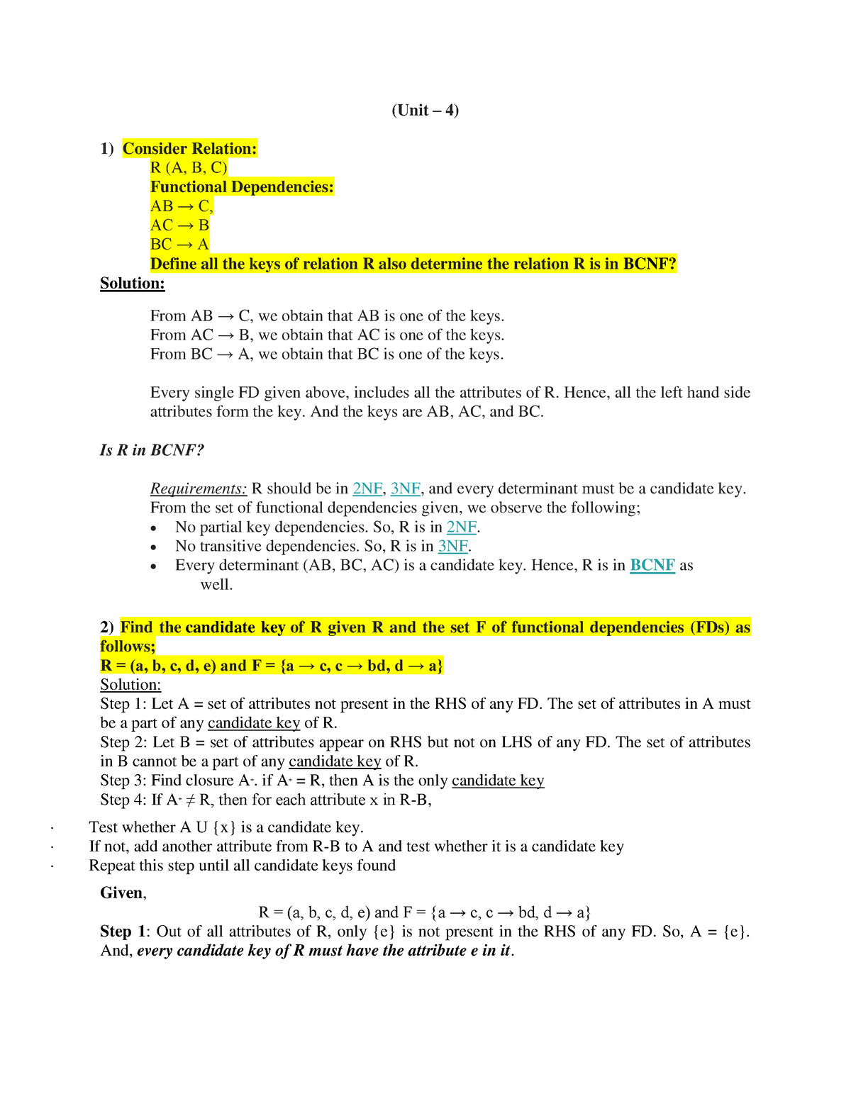 Sample Case Studies Unit 4,5 - (Unit – 4) 1) Consider Relation: R (A, B ...