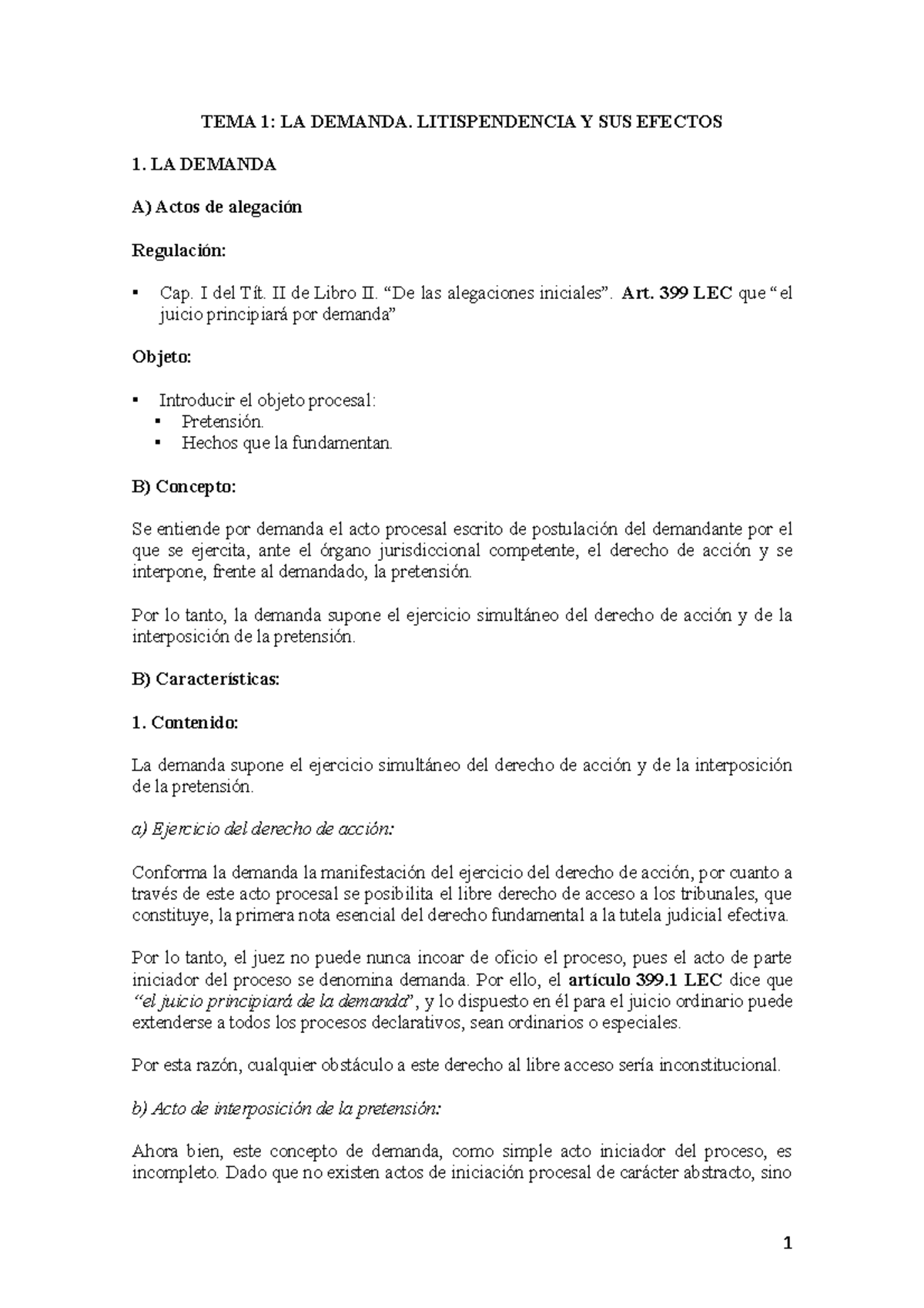 TEMA 1 Derecho Procesal Civil - TEMA 1: LA DEMANDA. LITISPENDENCIA Y ...