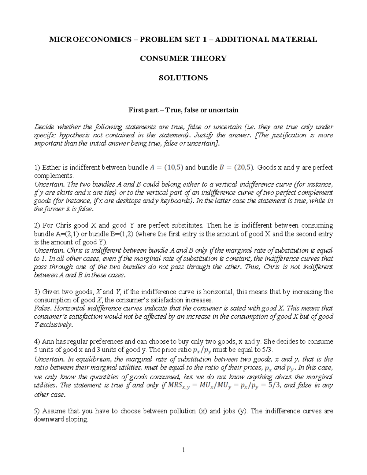 Additional Material - Problem SET 1 sol 2018 19 - MICROECONOMICS ...