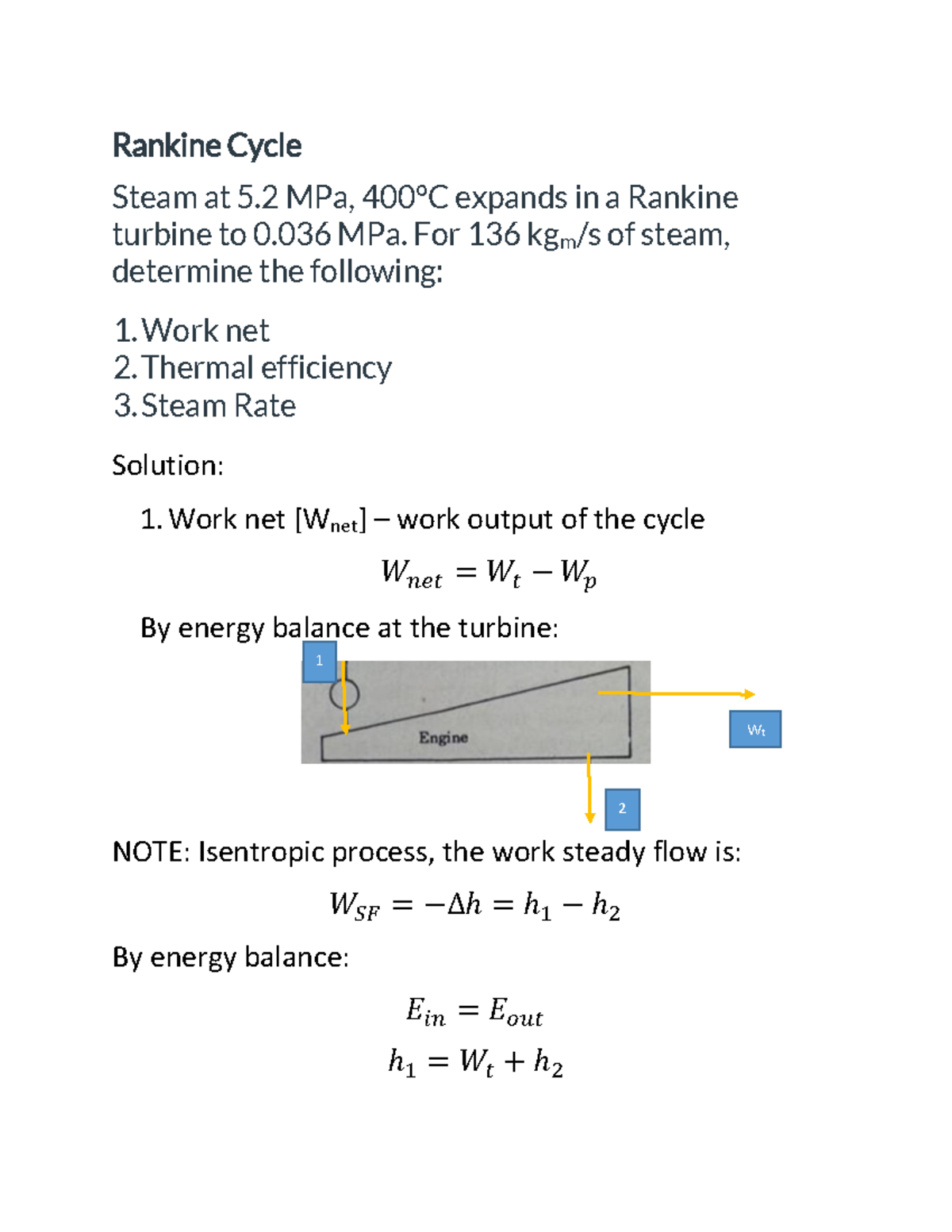 Thermodynamics And Heat Transfer Rankine Cycle Steam At 5 MPa 400 C
