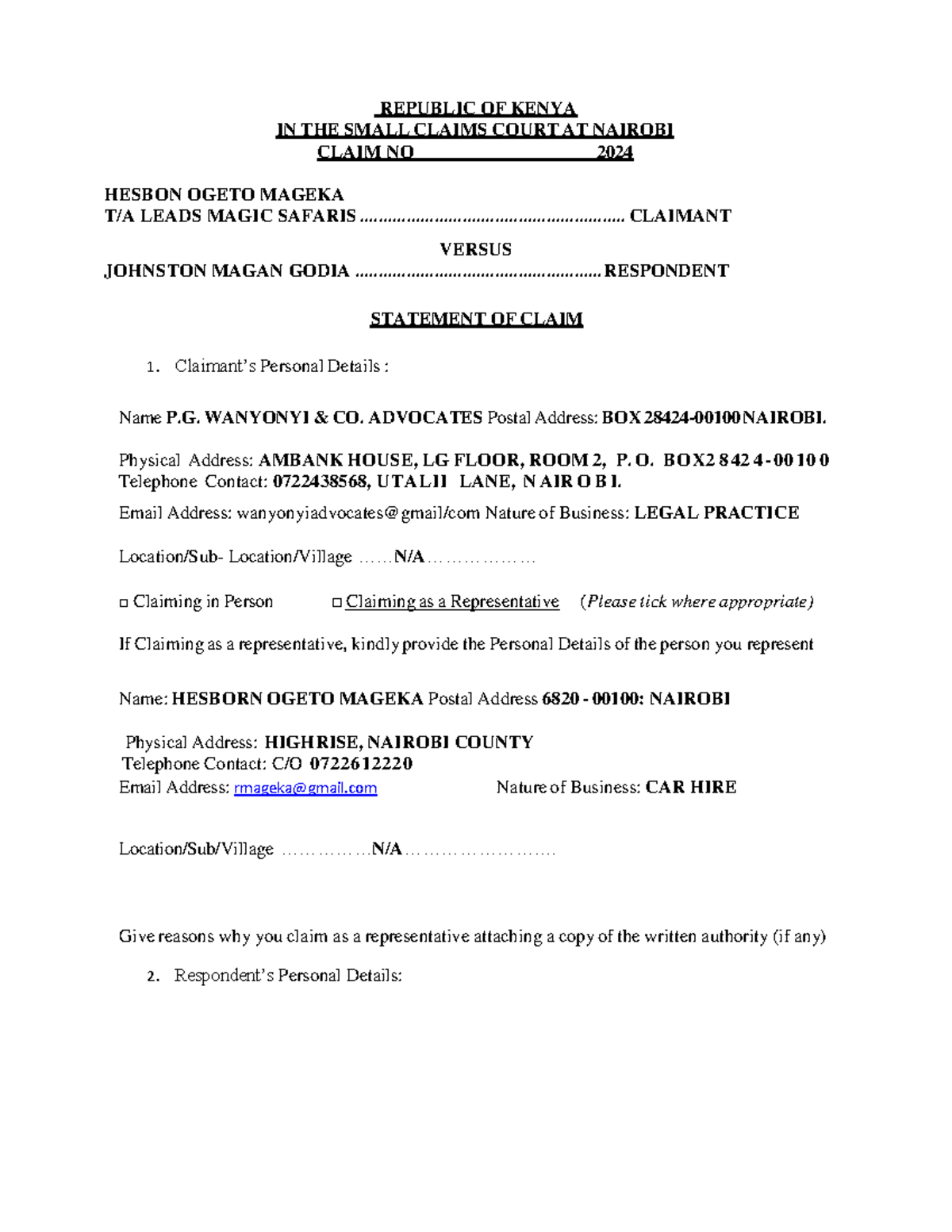 Statement of Claim - REPUBLIC OF KENYA IN THE SMALL CLAIMS COURT AT ...