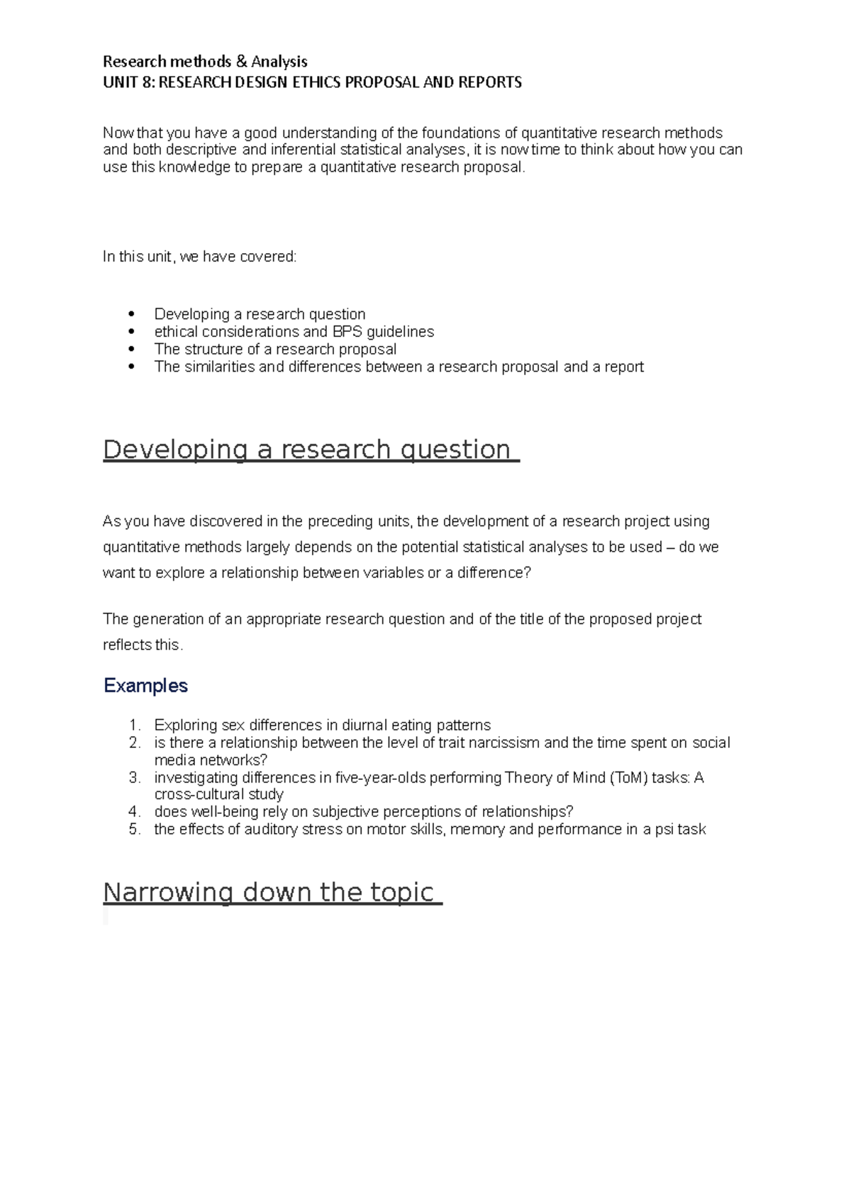 UNIT 8 - RESEARCH DESIGN ETHICS PROPOSAL AND REPORTS - In this unit, we ...