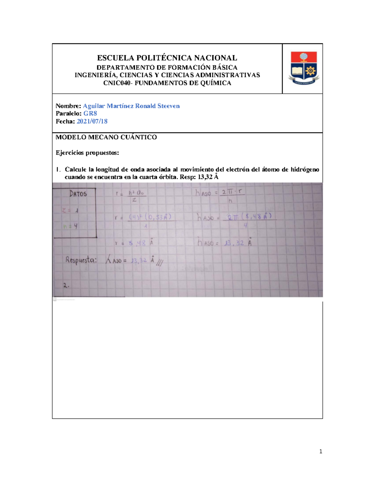 Tarea Modelo mecano cuántico - ESCUELA POLITÉCNICA NACIONAL DEPARTAMENTO DE  FORMACIÓN BÁSICA - Studocu