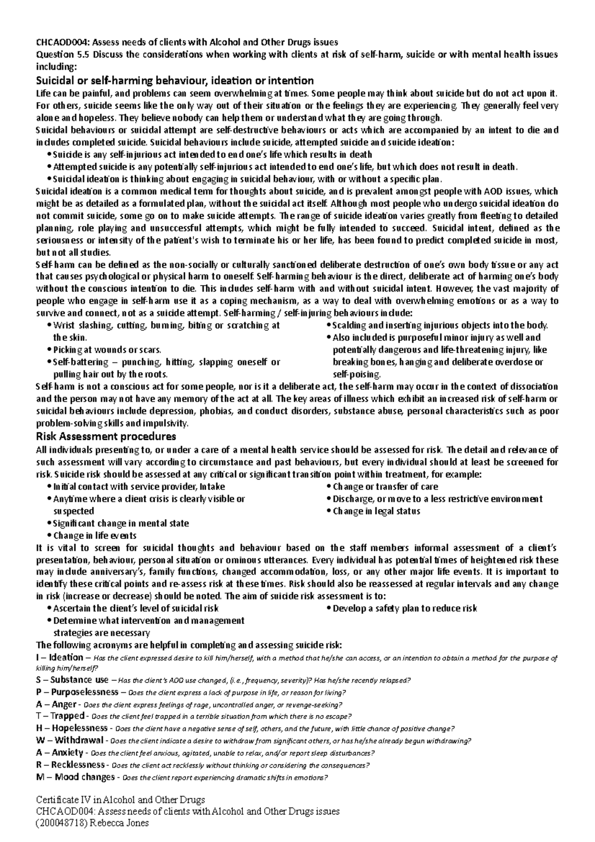 Aod004 Question 5.5 Working With Clients At Risk - Chcaod004: Assess 