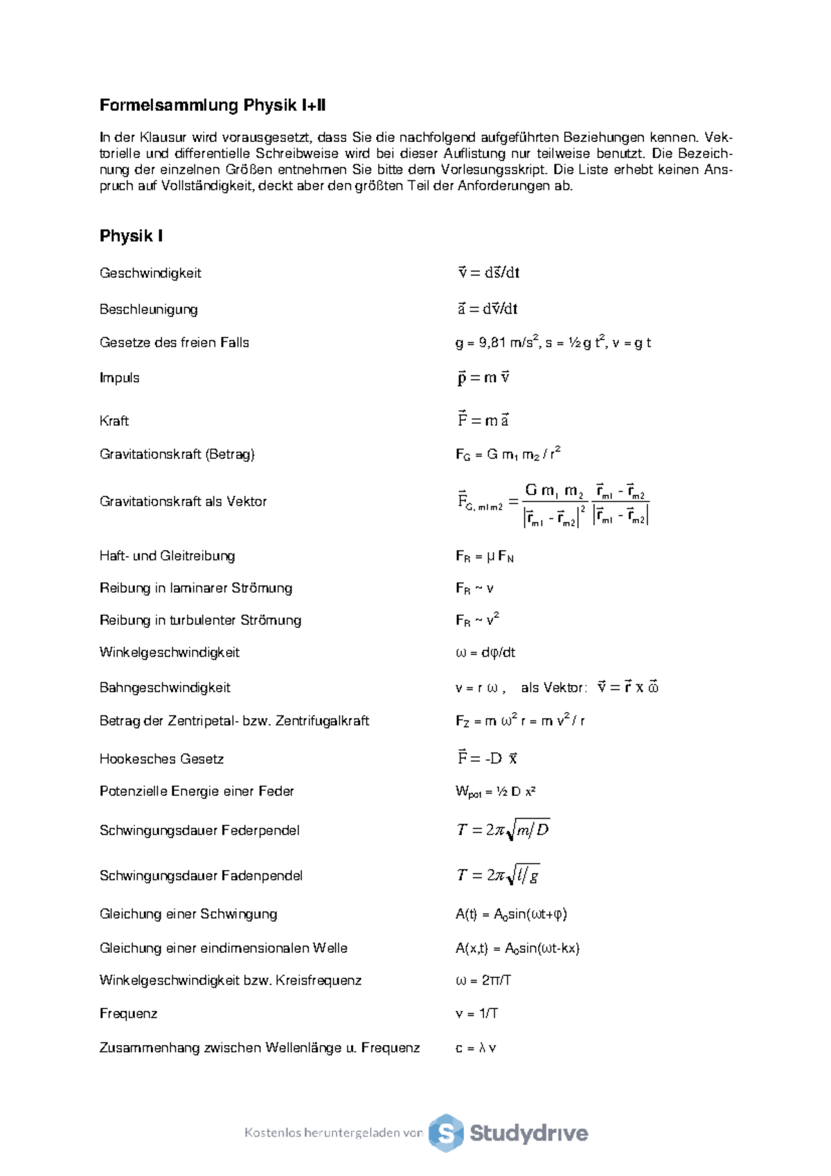 Physik 1+2 Formelsammlung - Formelsammlung Physik I+II In Der Klausur ...