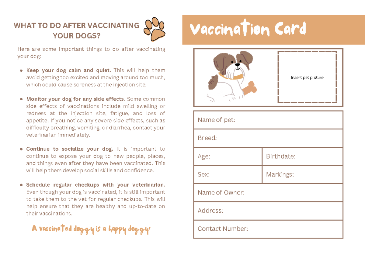 Vaccination Card - Name of pet: Breed: Age: Birthdate: Sex: Markings ...