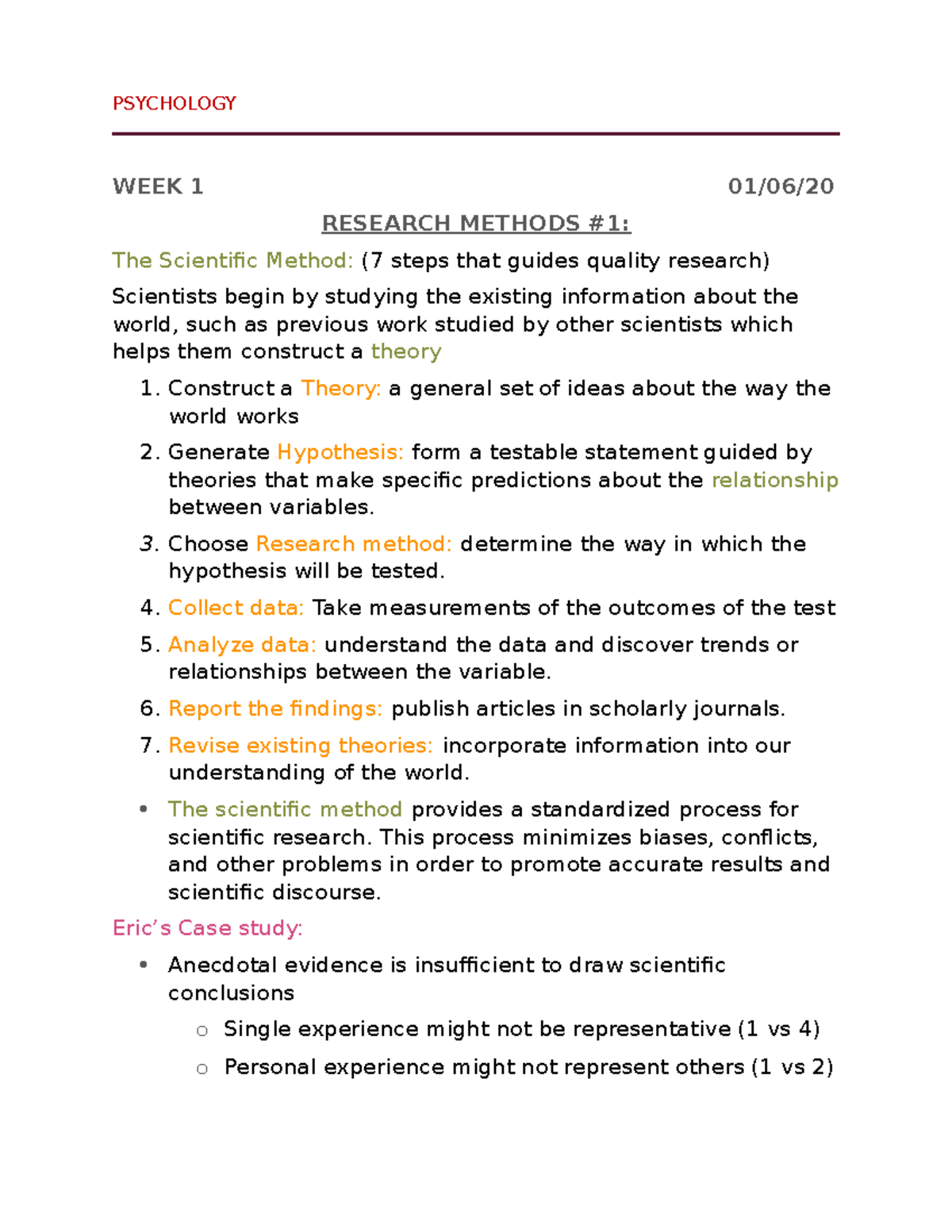 Psychology Lecture notes - PSYCHOLOGY WEEK 1 01/06/ RESEARCH METHODS #1 ...