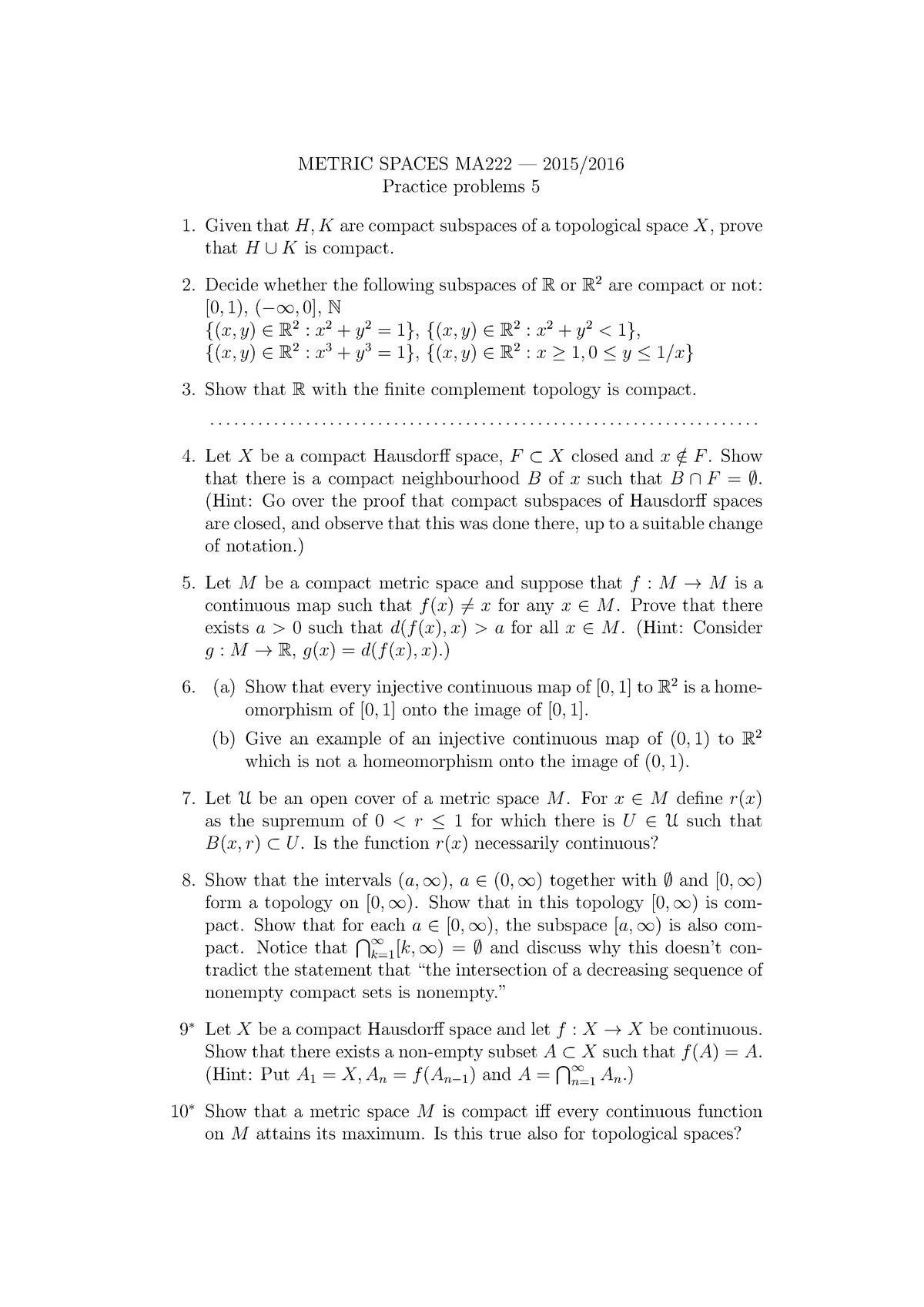 Ma222 15 16 Problem Set 5 Metric Spaces Ma222 15 16 Practice Problems Studocu