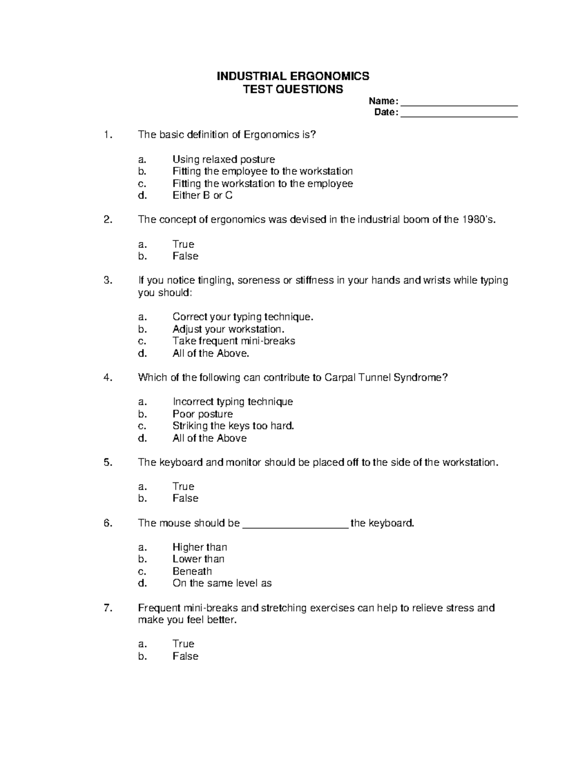 1047IE Industrial Ergonomics INDUSTRIAL ERGONOMICS TEST QUESTIONS