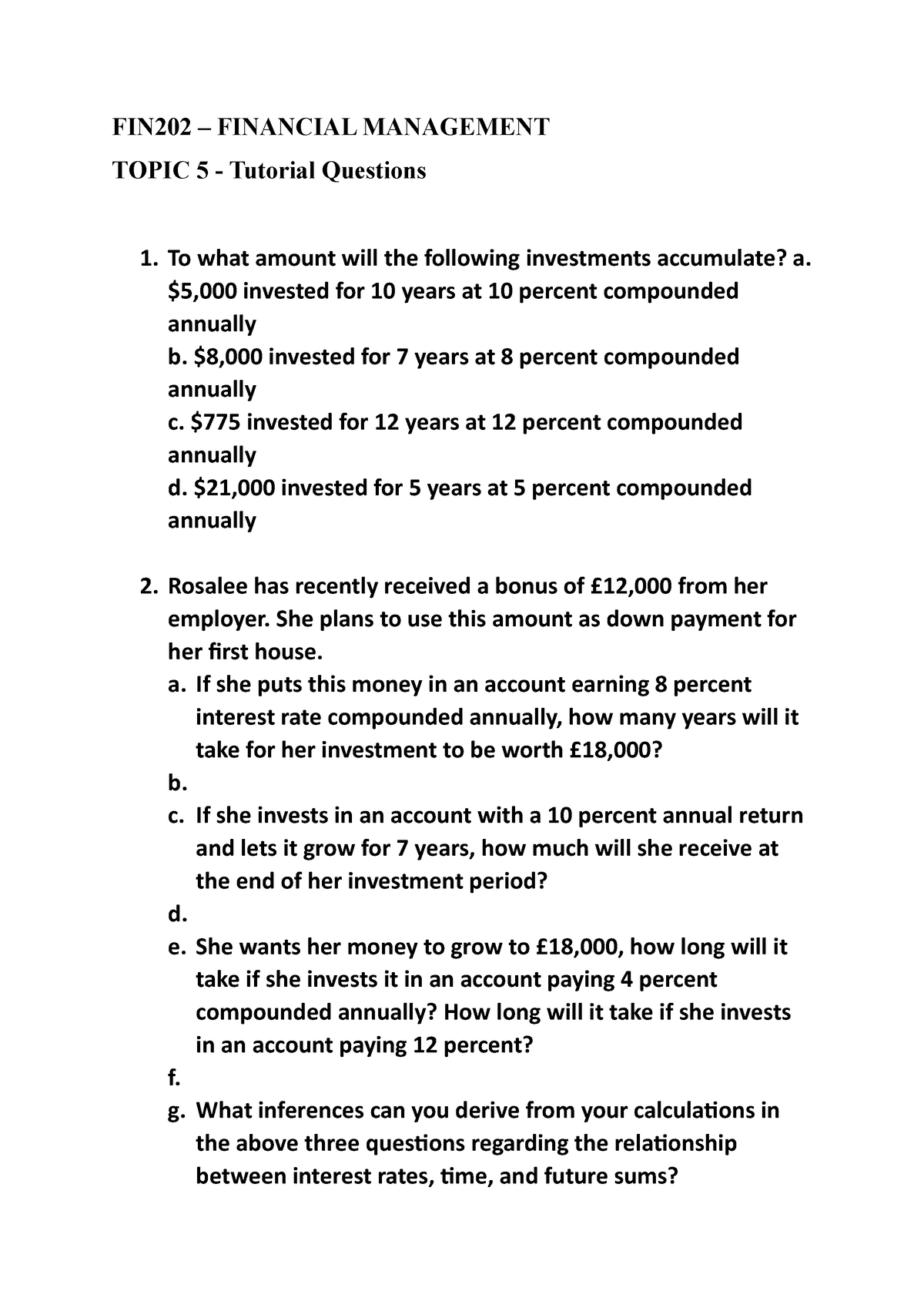 FIN202 Tutorial Questions Topic 5-3 - FIN202 – FINANCIAL MANAGEMENT ...