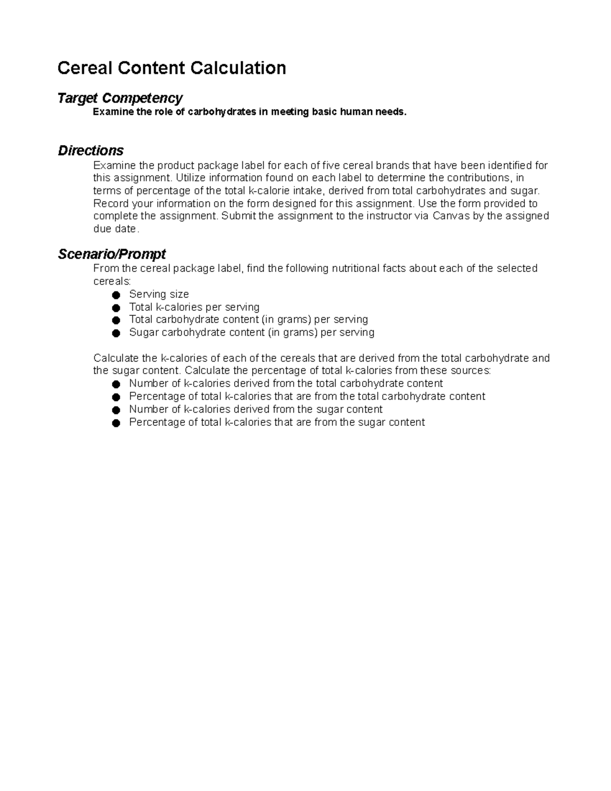 Cereal Carbohydrate Content Assignment Cereal Content Calculation