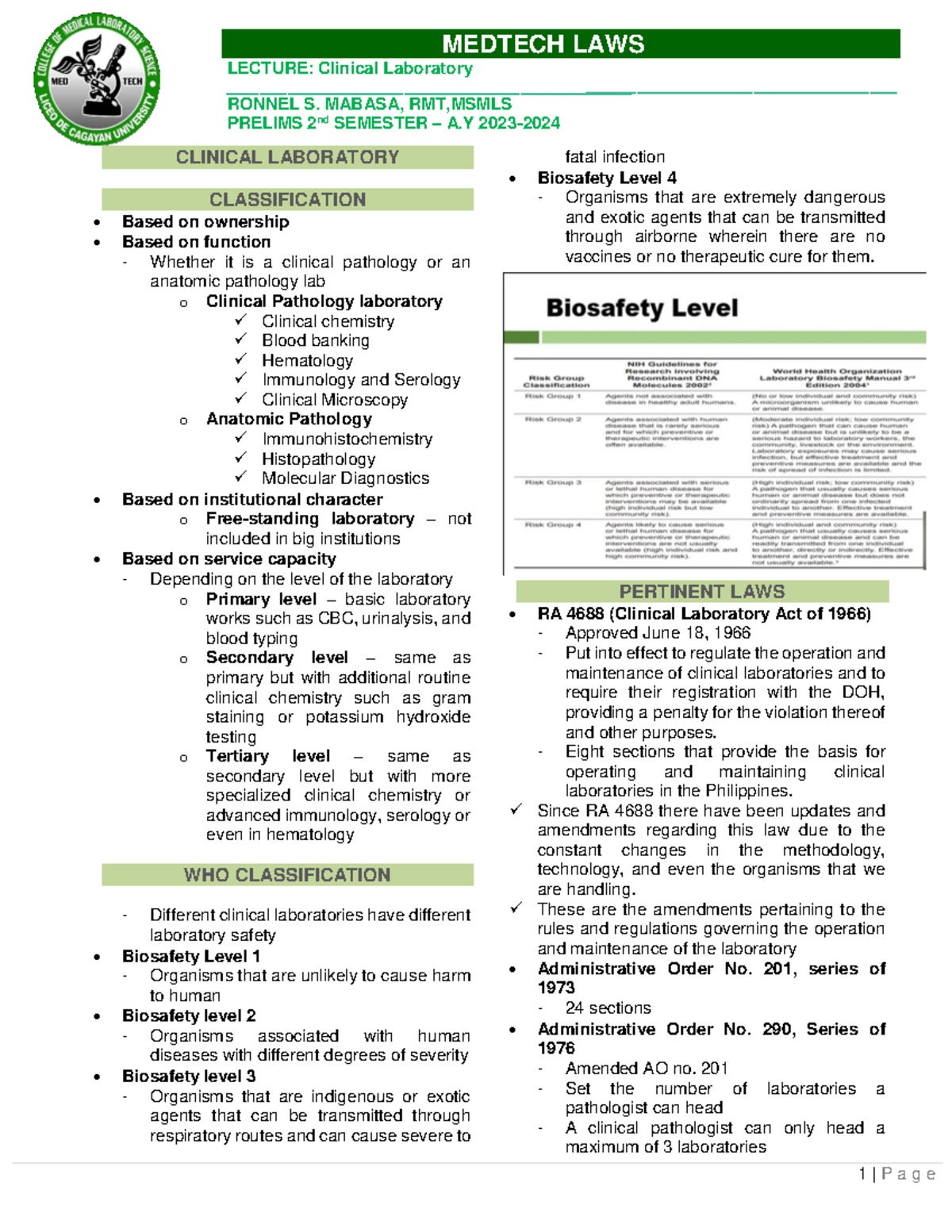 Clinical-lab-transes - 1 | P a g e MEDTECH LAWS LECTURE: Clinical ...