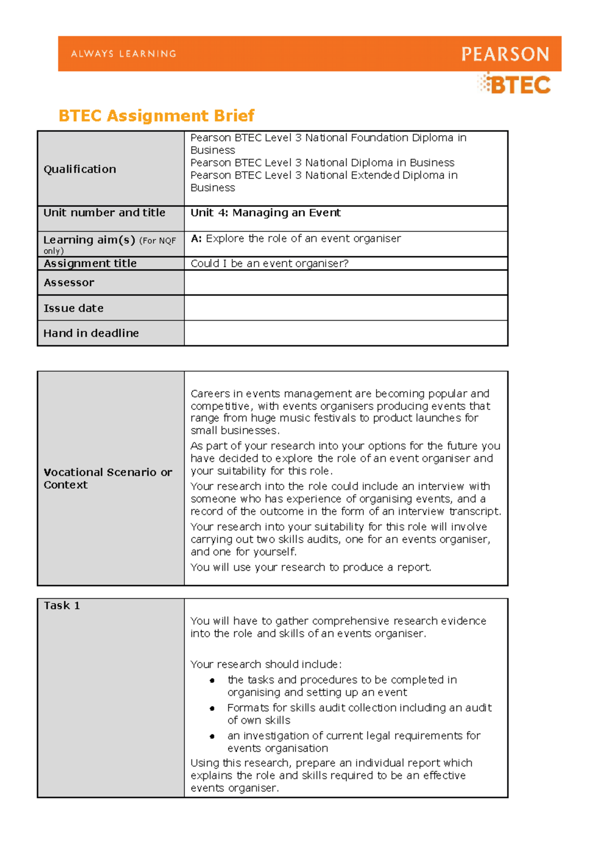 Business Assignment Learning AIM A P1 P2 M1 D1 - BTEC Assignment Brief ...