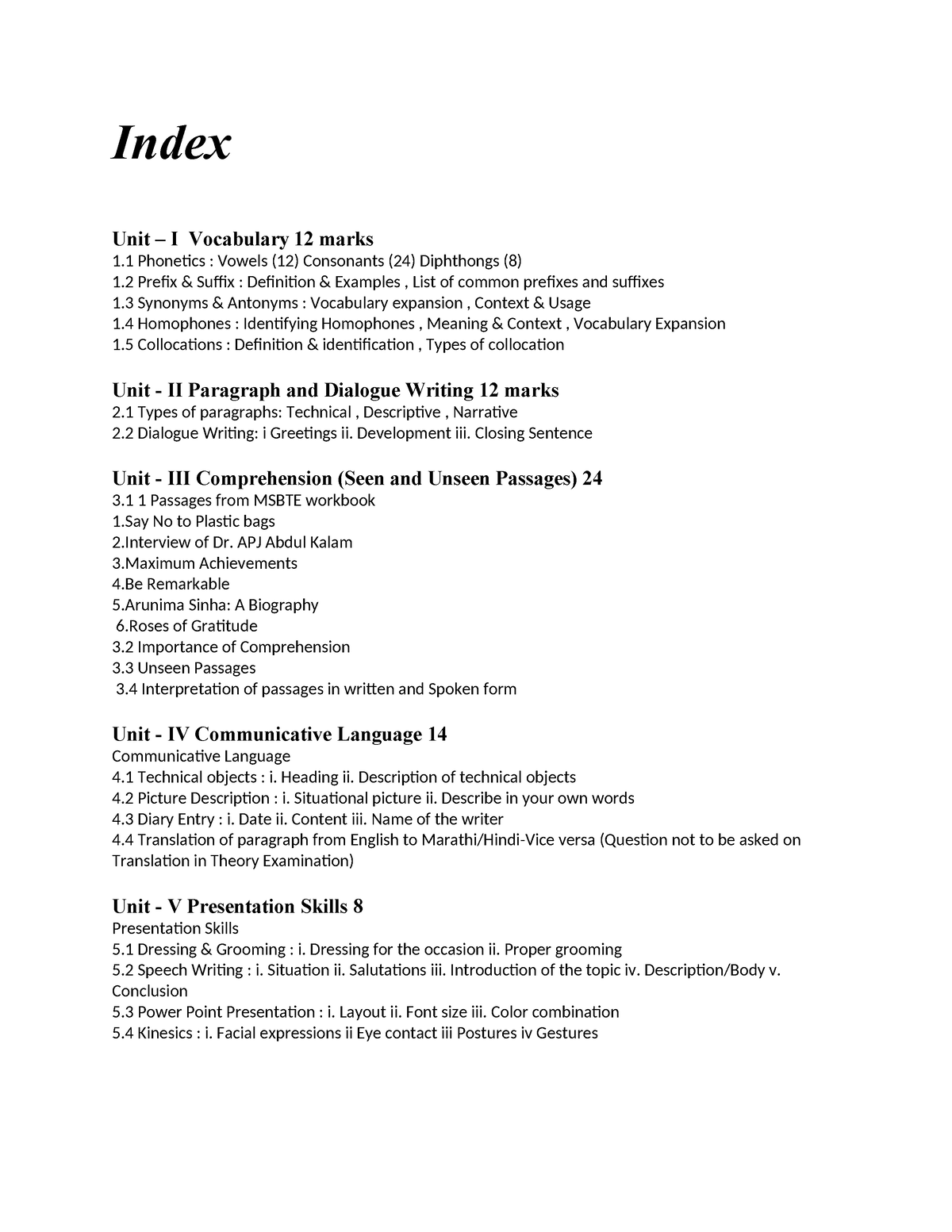 English Workbook(311303) - Index Unit – I Vocabulary 12 Marks 1 ...