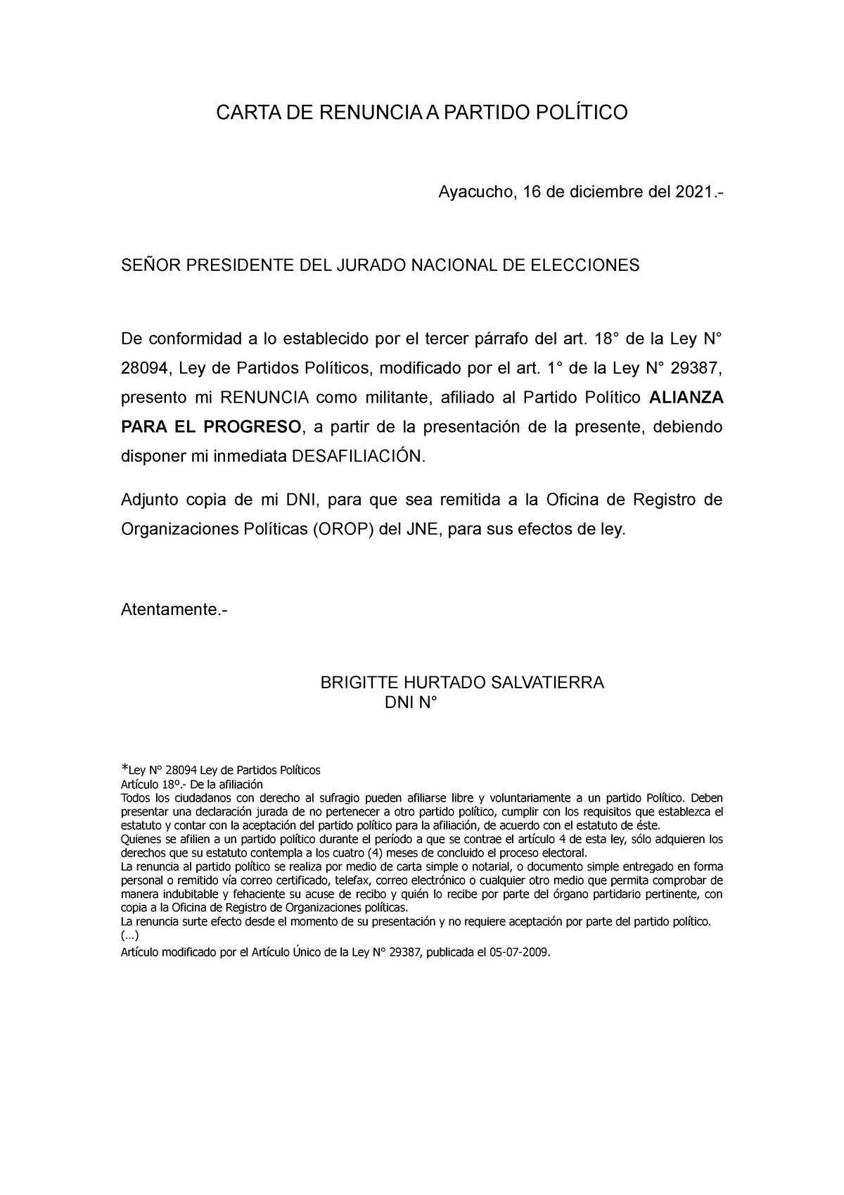 Carta De Renuncia A Partido Político Carta De Renuncia A Partido PolÍtico Ayacucho 16 De 1474